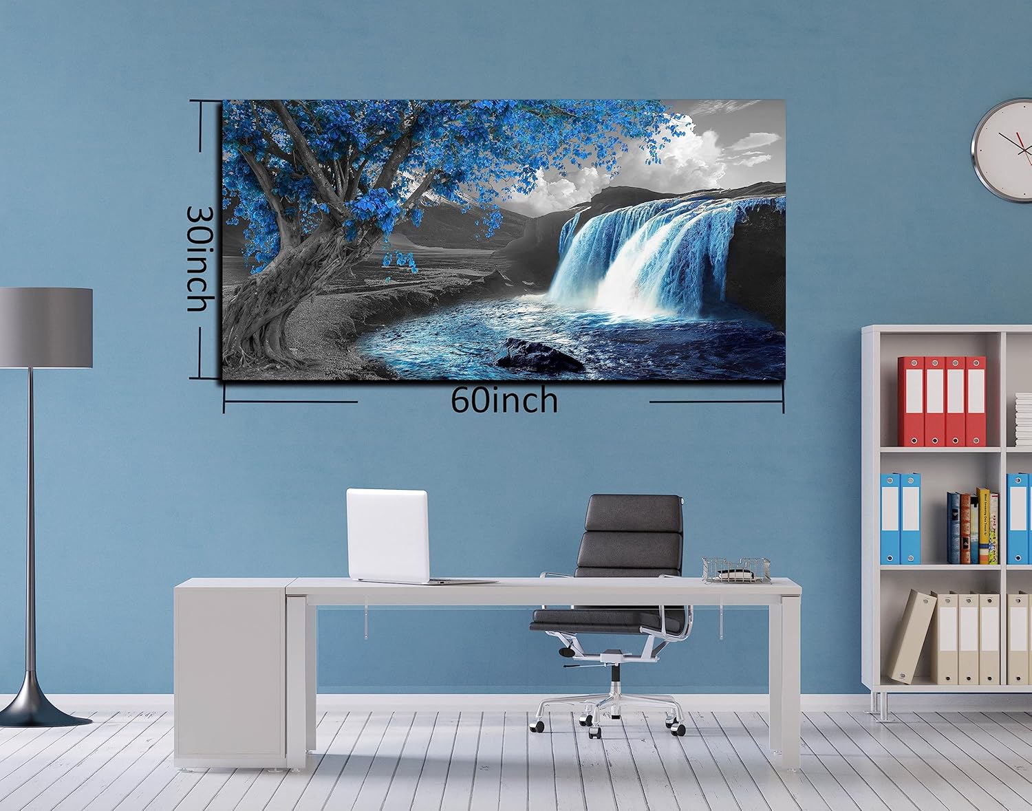 Lienzo de paisaje natural para sala de estar, cuadros de cascada para pared, decoración de pared de árbol azul, listo para colgar, tamaño 60 x 30
