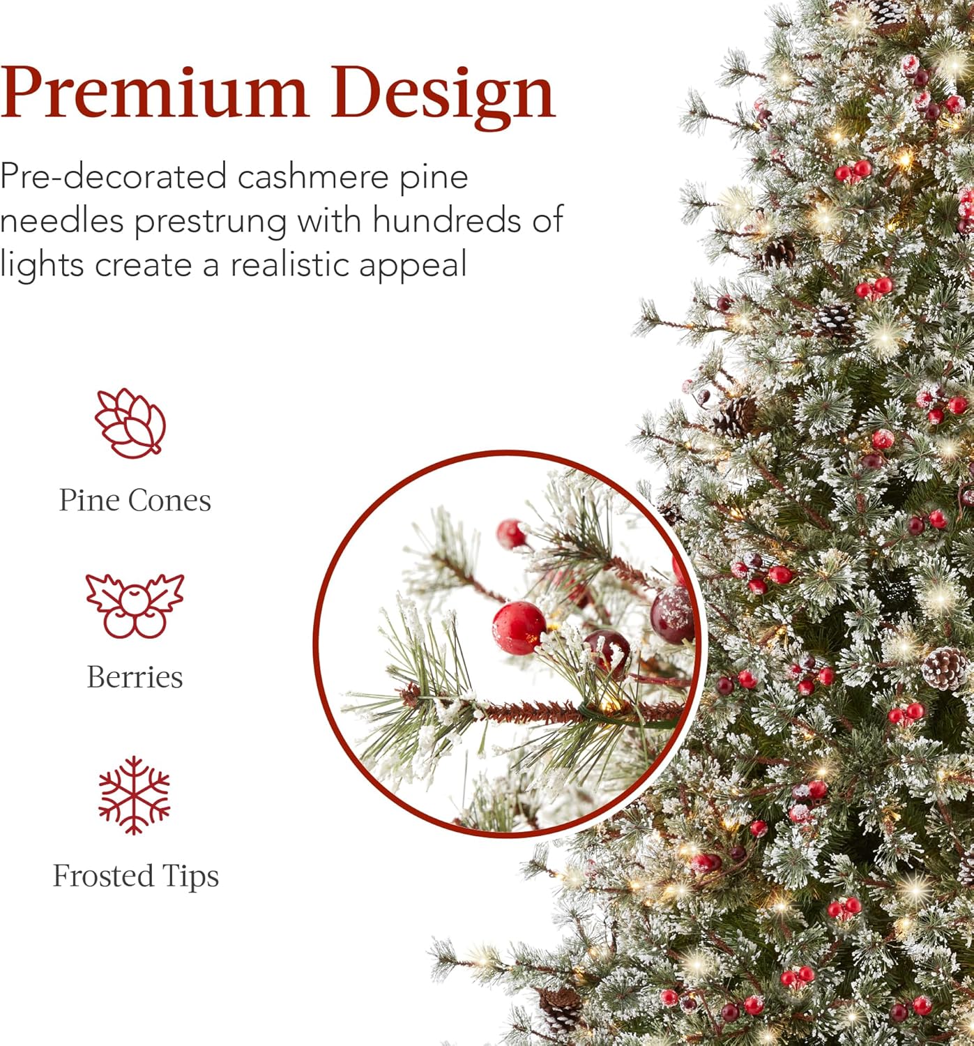 Best Choice Products Árbol de Navidad de pino de cachemira preiluminado de 7.5 pies, decoración navideña artificial semiflocada de alta calidad con