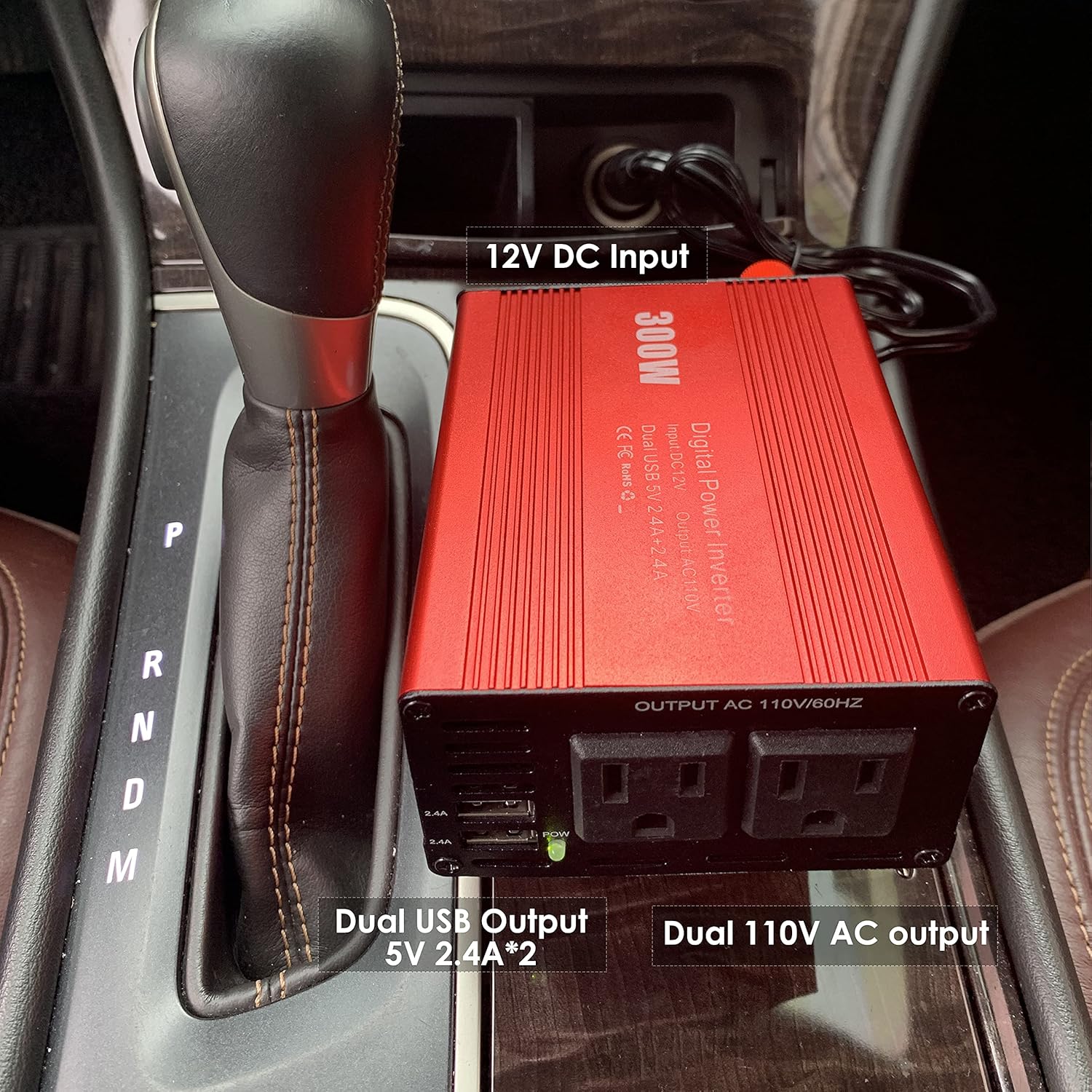 Inversor de corriente de 300 W, convertidor de potencia de automóvil de 12 V CC a 110 V CA con cargadores USB duales de 4.8 A para camping, viaje de