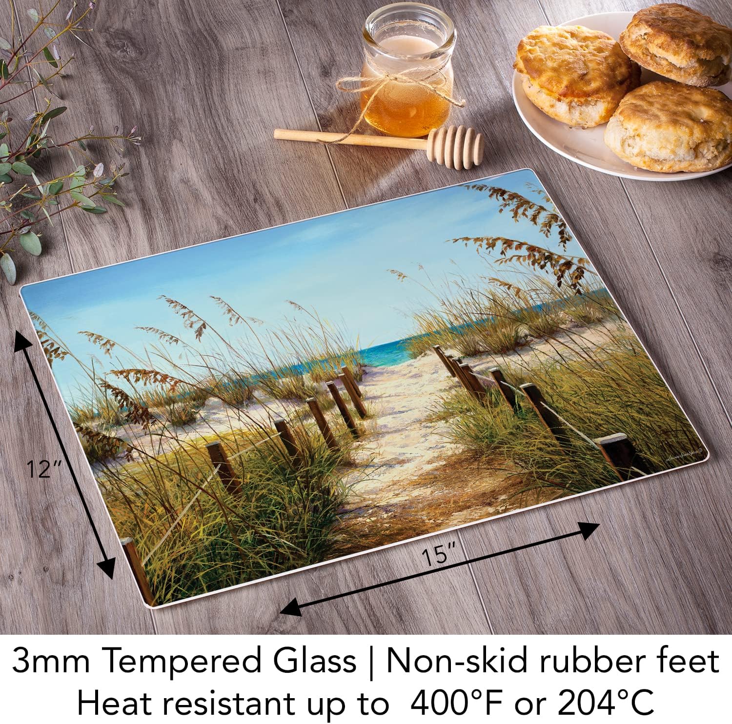 CounterArt Path to the Ocean – Tabla de cortar de vidrio templado tolerante al calor de 0.118in, 15 x 12 pulgadas, fabricada en los Estados Unidos,