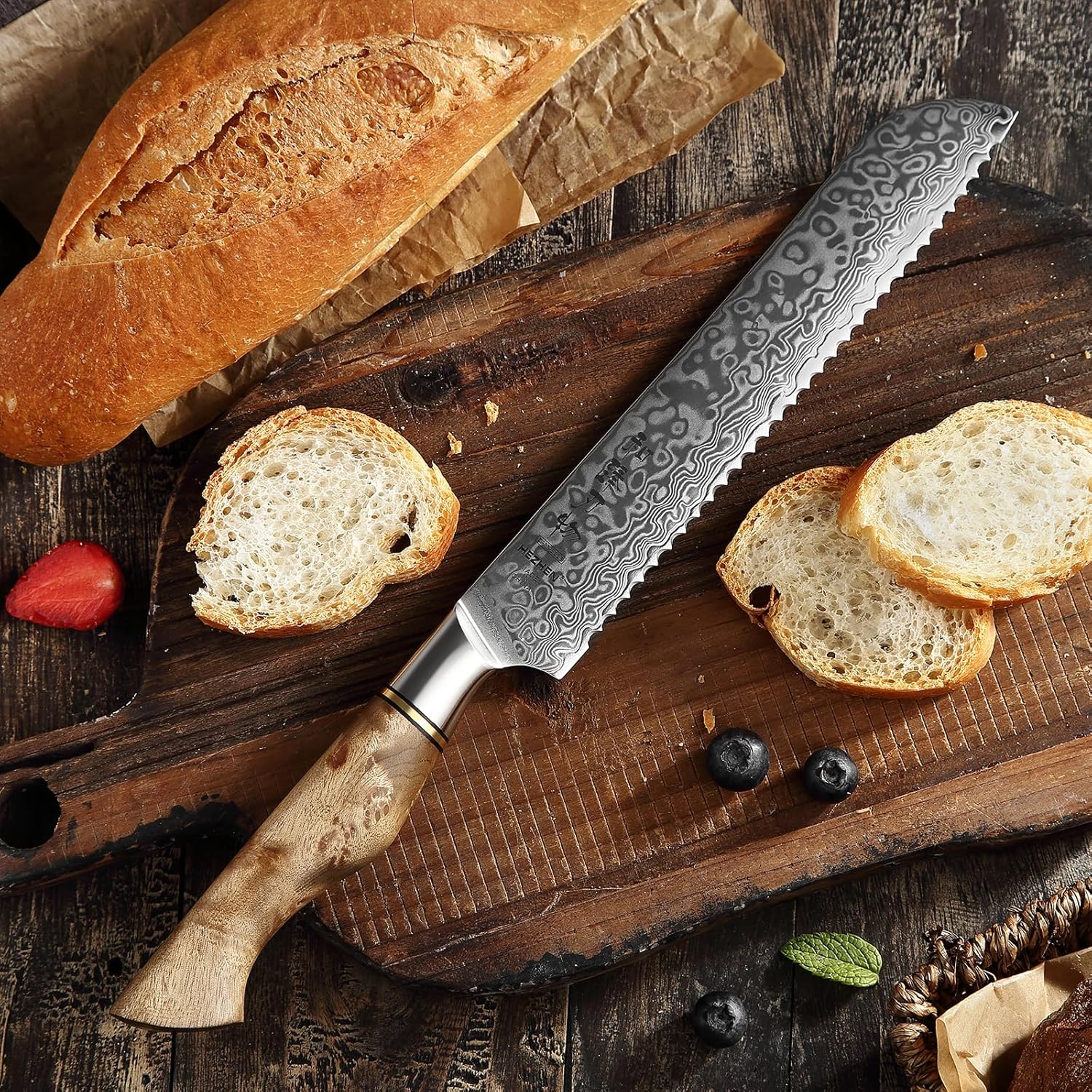 HEZHEN Cuchillo de pan dentado de 8.3 pulgadas, cuchillo de acero de Damasco, cuchillo de cocina de acero de alto carbono, mango de madera y caja de
