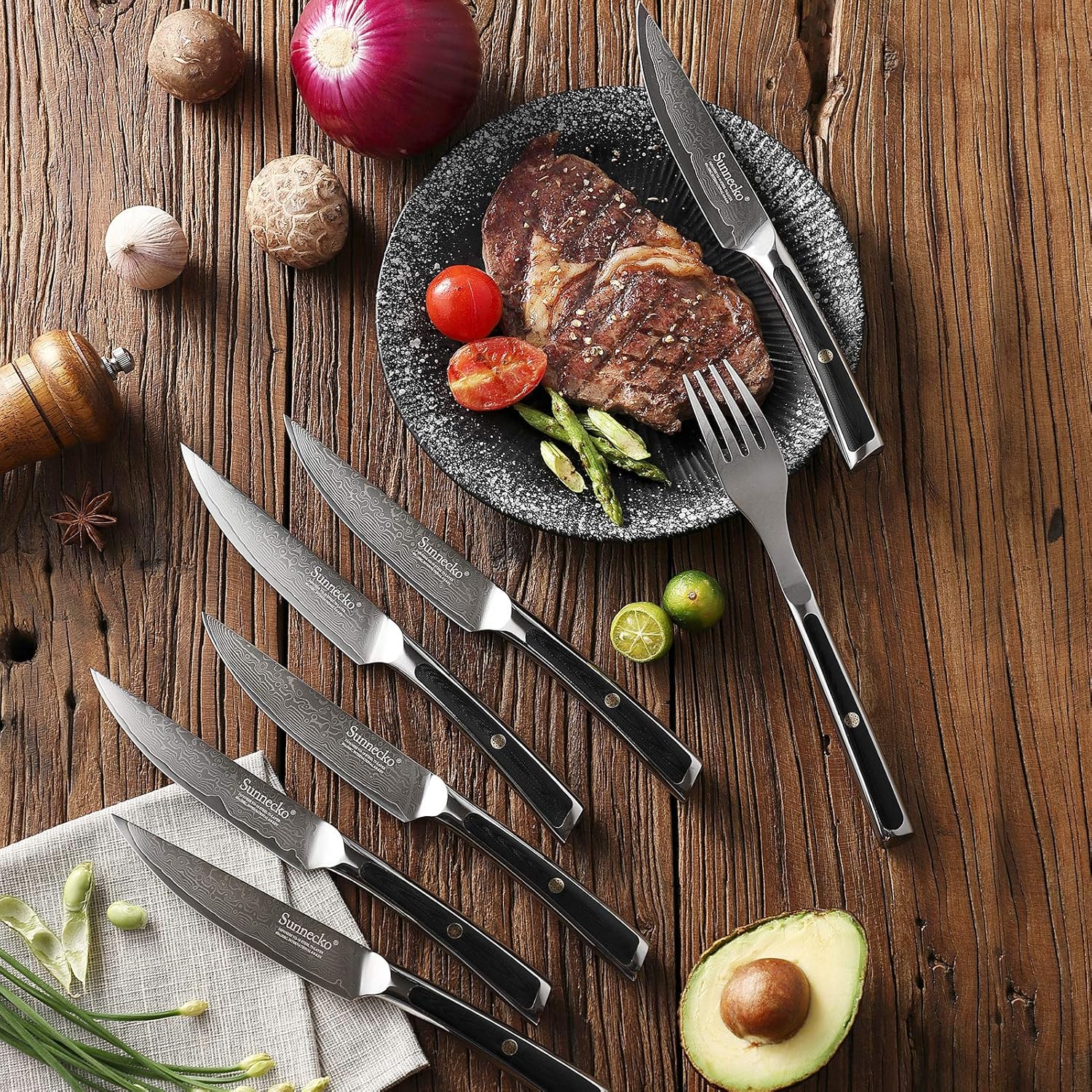 Sunnecko Cuchillo para carne de cocina de 5 pulgadas, cuchillo de carne de Damasco VG-10, cuchillo japonés de acero inoxidable, sin dentar, acero