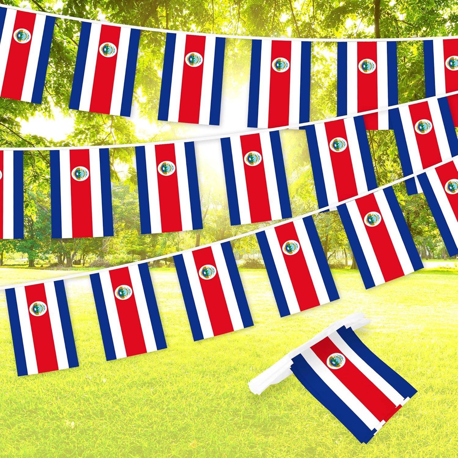 G128 Bandera costarricense de Costa Rica  Bandera de 8.2 x 5.5 pulgadas, cuerda completa de 33 pies  Poliéster 150D impreso, decoraciones para bar,