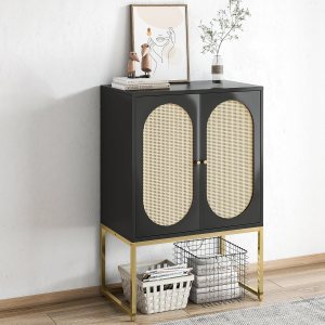 Armario alto de ratán con 2 puertas, aparadores bohemios y buffets con armario de almacenamiento con estantes ajustables, gabinete de buffet de Armario alto de ratán con 2 puertas, aparadores bohemios y buffets con armario de almacenamiento con estantes ajustables, gabinete de buffet de