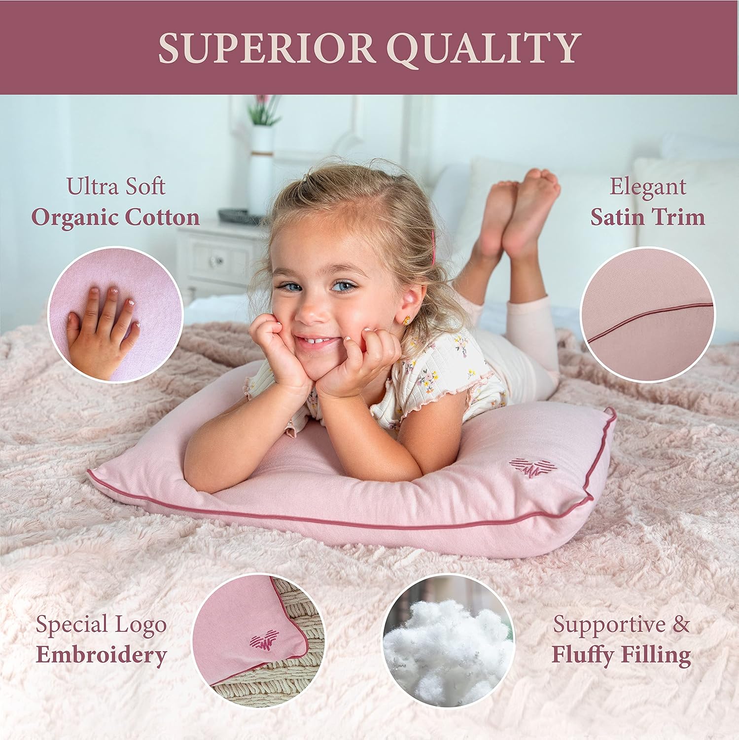 Pharmedoc Almohada para niños pequeños con funda de almohada, almohada Little Garoo de 14 x 19 pulgadas, almohadas de algodón orgánico rosa para