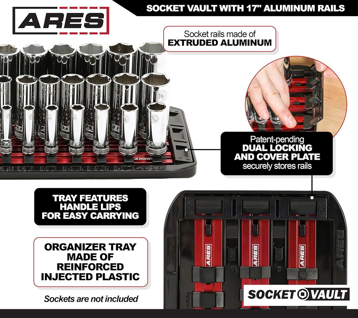 ARES 60147 – Juego de 2 organizadores de enchufes SOCKET VAULT – Juego de 6 rieles rojos de 17 pulgadas con 2 bandejas organizadoras de plástico