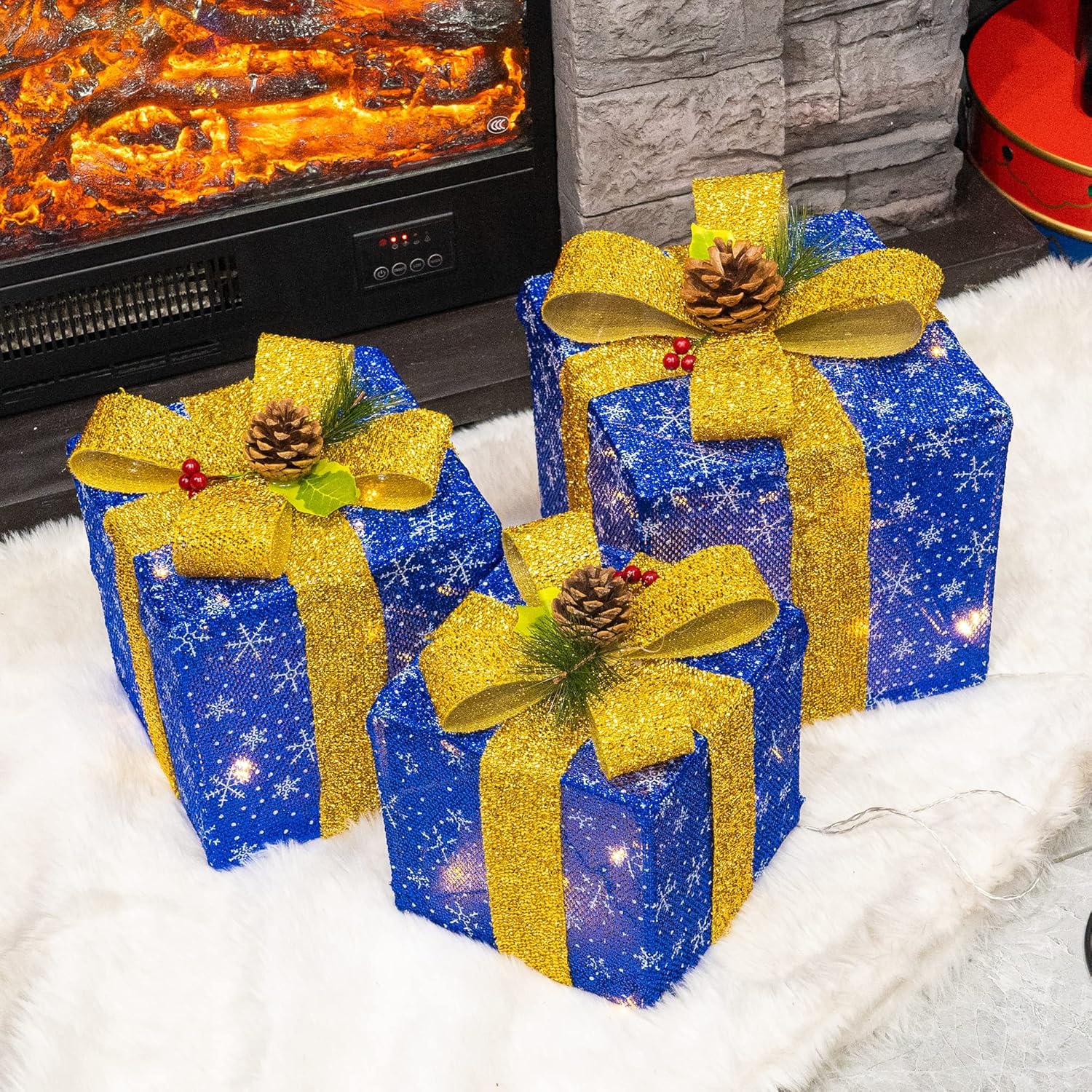 FUNPENY Set of 3 Christmas Lighted Gift Boxes, 50 LED Christmas Box Decorations, Presents Boxes with Ribbon Bows for Xmas Tree, Yard, Home, Indoor