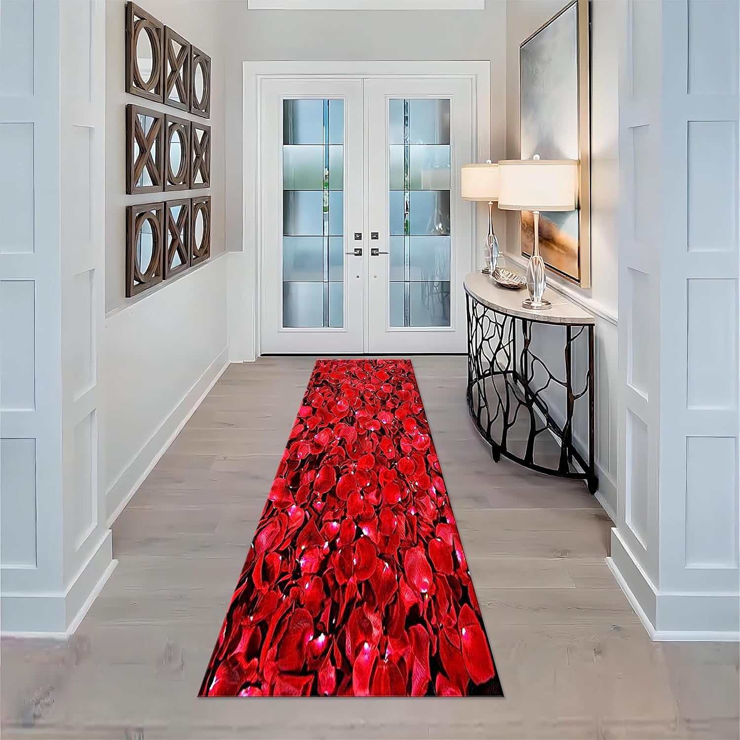 Alfombra de pasillo con diseño floral de rosas, de 1.3 x 7 pies, romántica con estampado de rosas rojas, alfombras de pasillo de gran área con