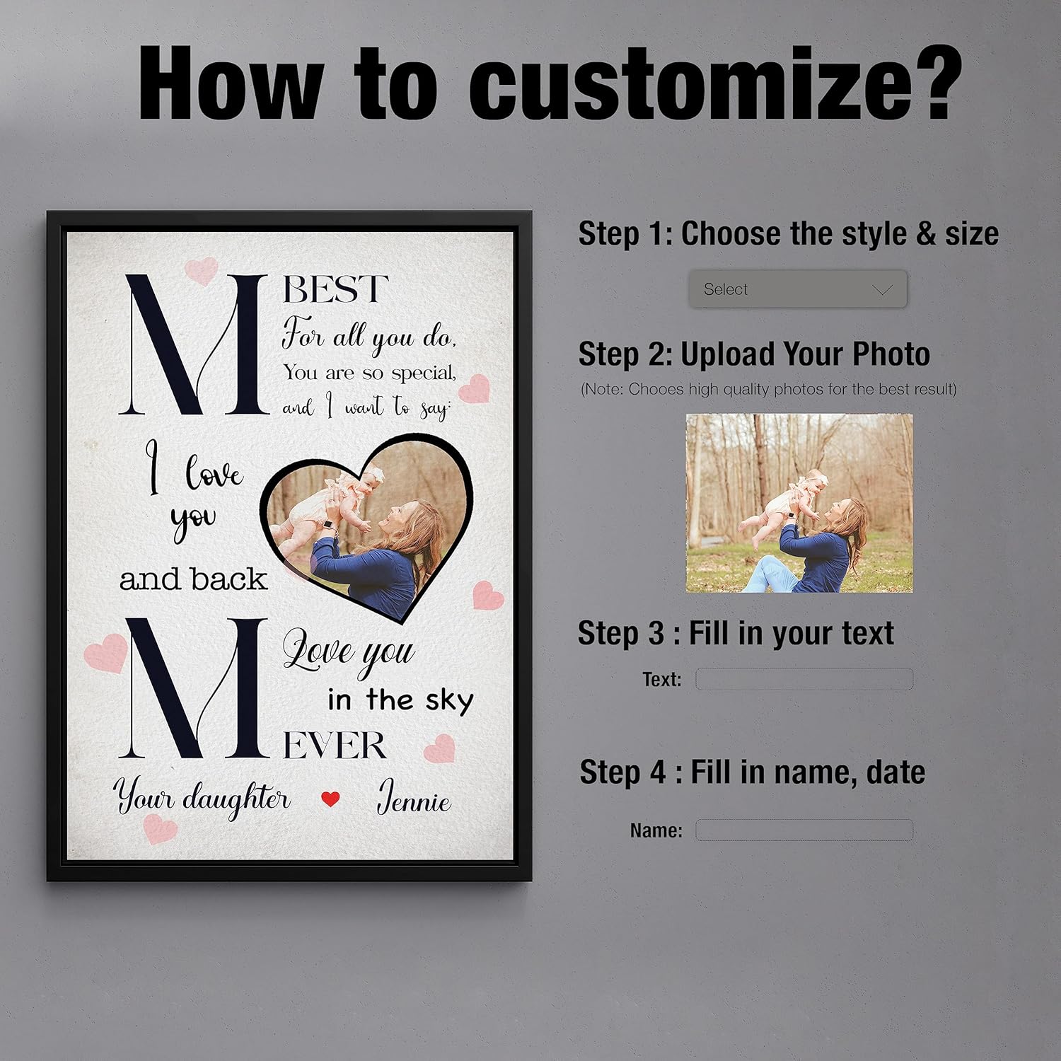 Póster personalizado para el Día de la Madre con retrato de tu foto, impresión de retrato de mamá e hija, arte de lienzo personalizado para mamá,