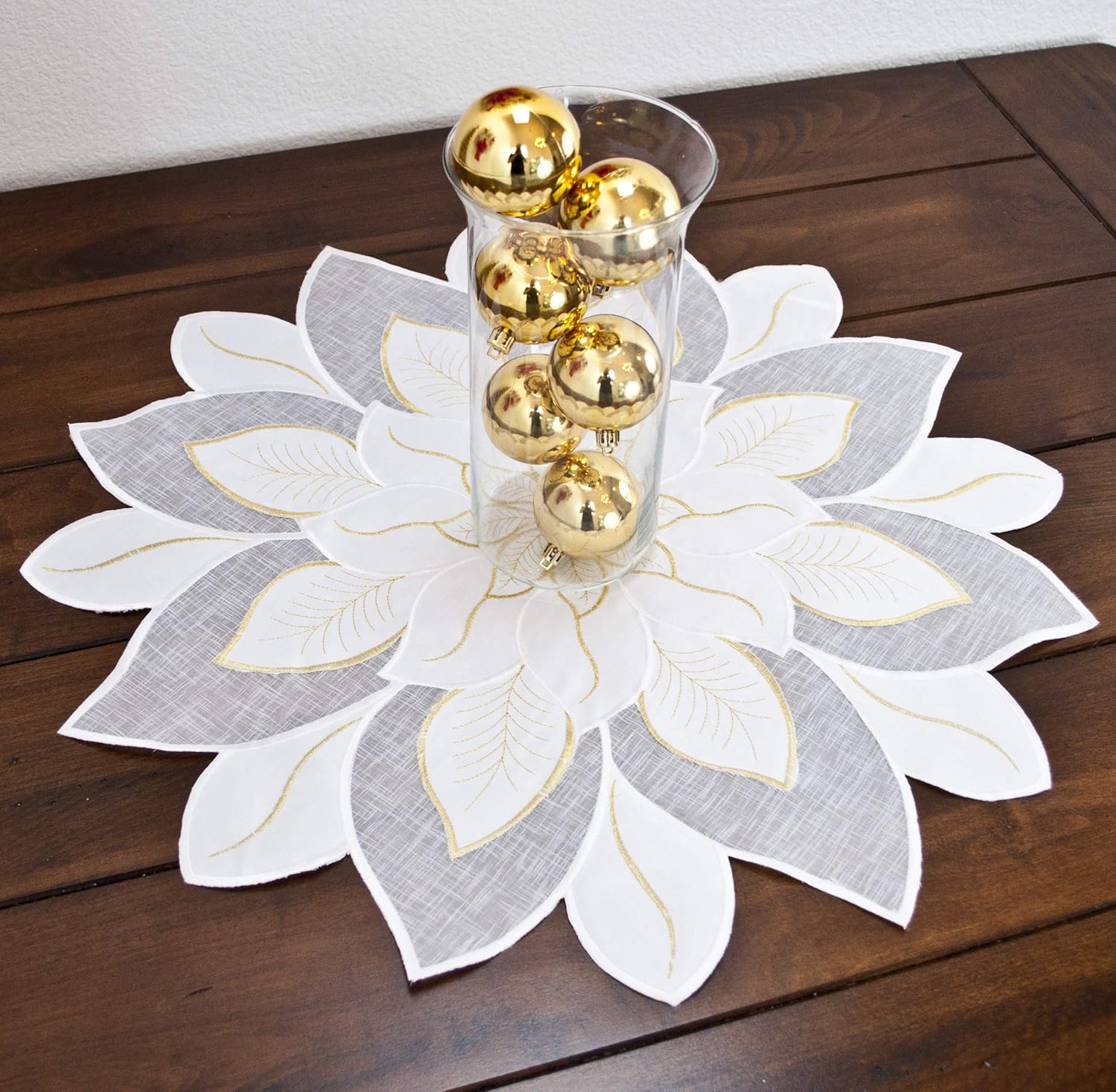 Tapete de mesa bordado de Navidad blanco y dorado con estrella de Pascua (23 pulgadas, redondo)