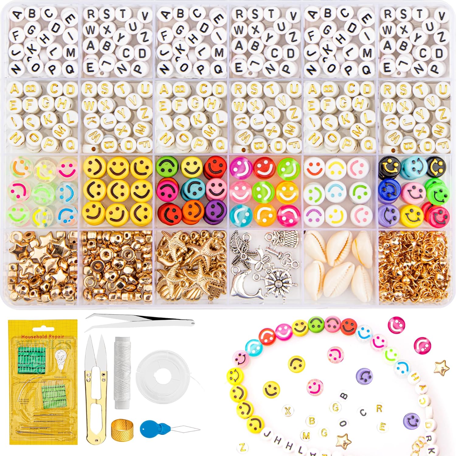 YUNAI Kit de cuentas de letras para hacer pulseras de amistad, 965 cuentas redondas del alfabeto con cuentas de estrella sonriente, juego de cuentas