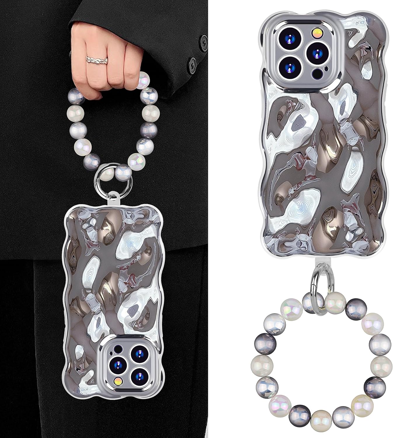 Ucharmbead Funda protectora compatible con iPhone 14 Pro Max con correa de muñeca para teléfono con cuentas para teléfono celular, accesorios para