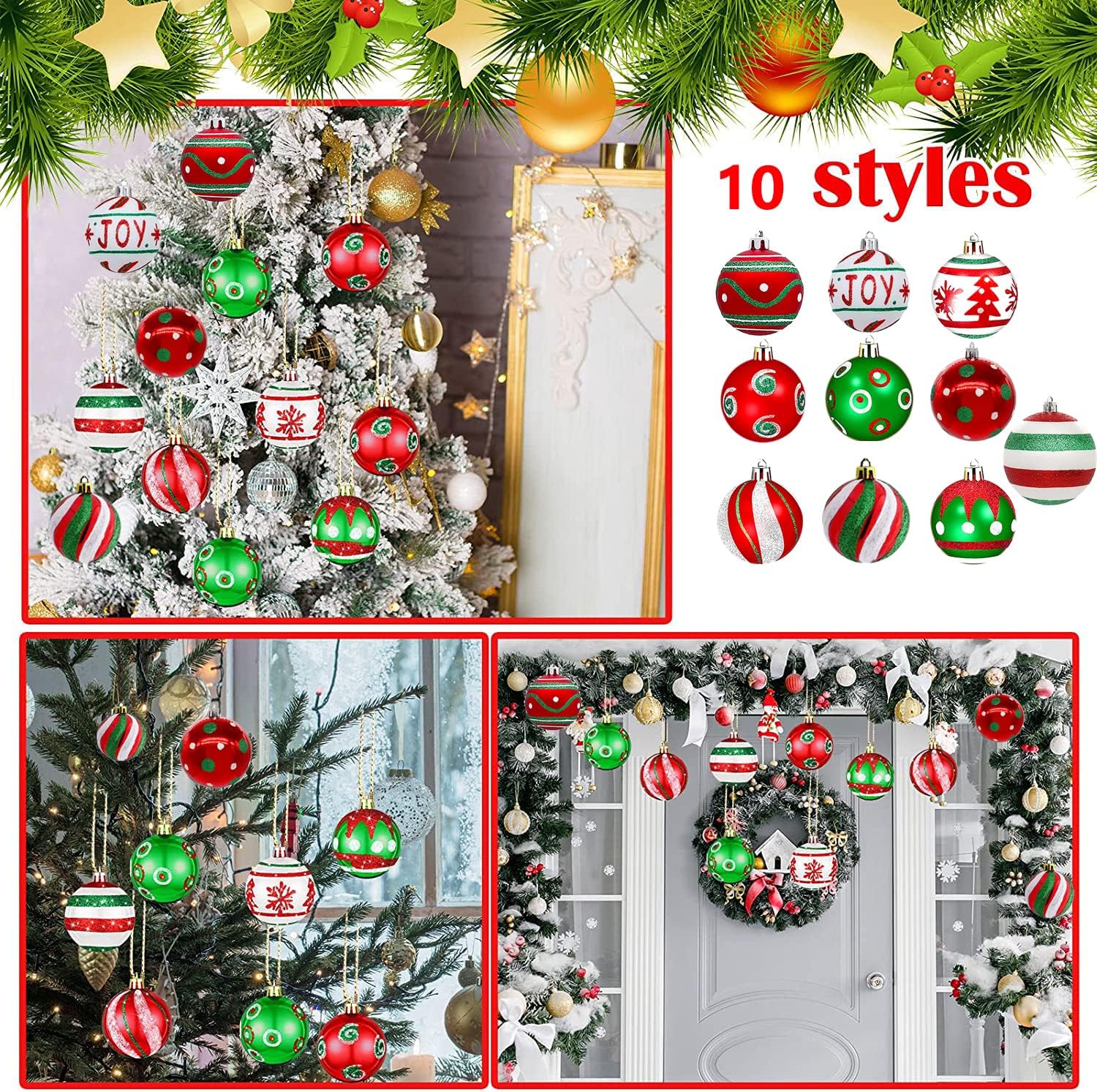 Juego de 30 bolas de Navidad para decoración de árbol de Navidad, 2.4 in, inastillables, adornos para árbol de Navidad, corona de Navidad y