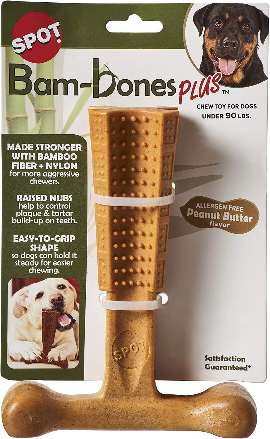 SPOT Bam-Bones Plus T Bone – Fibra de bambú y nailon, masticable duradero para perros masticadores agresivos – Juguete para perros y cachorros de