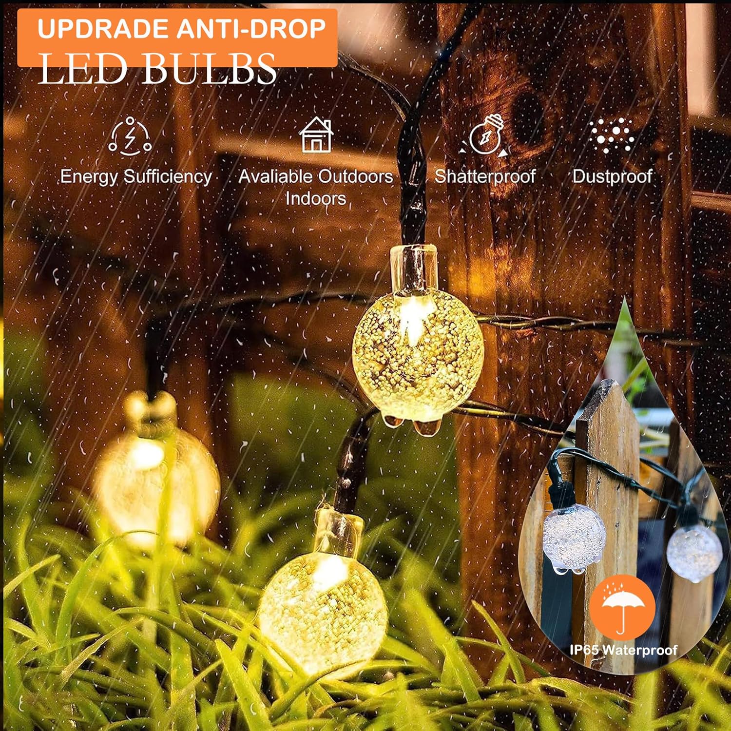 Tira de luces solares para exteriores, 100 luces LED de globo de cristal, 8 modos, impermeables, funciona con energía solar para exteriores, luces