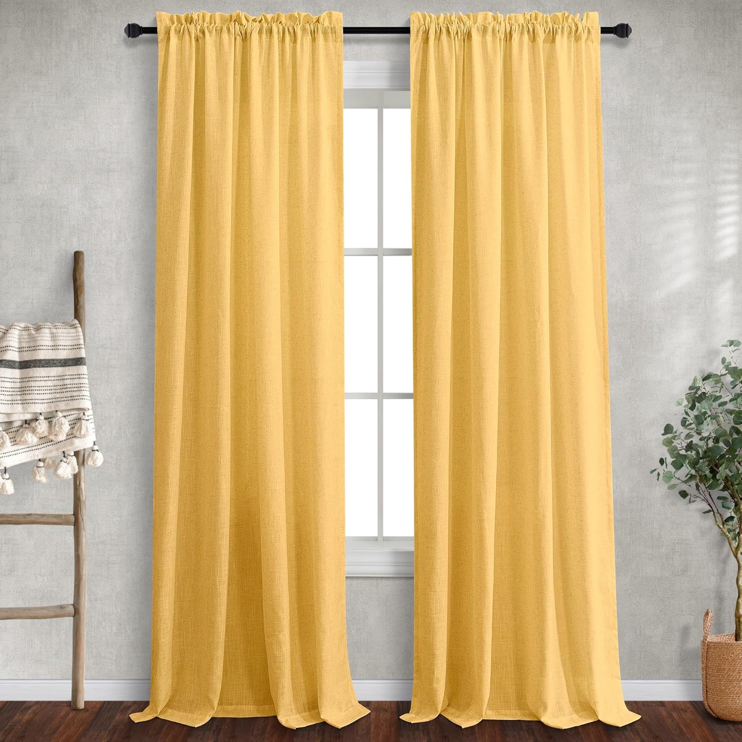 Mrs.Naturall Cortinas de oro amarillo de 90 pulgadas de largo para dormitorio, 2 paneles con bolsillos, cortinas de otoño semitransparentes con
