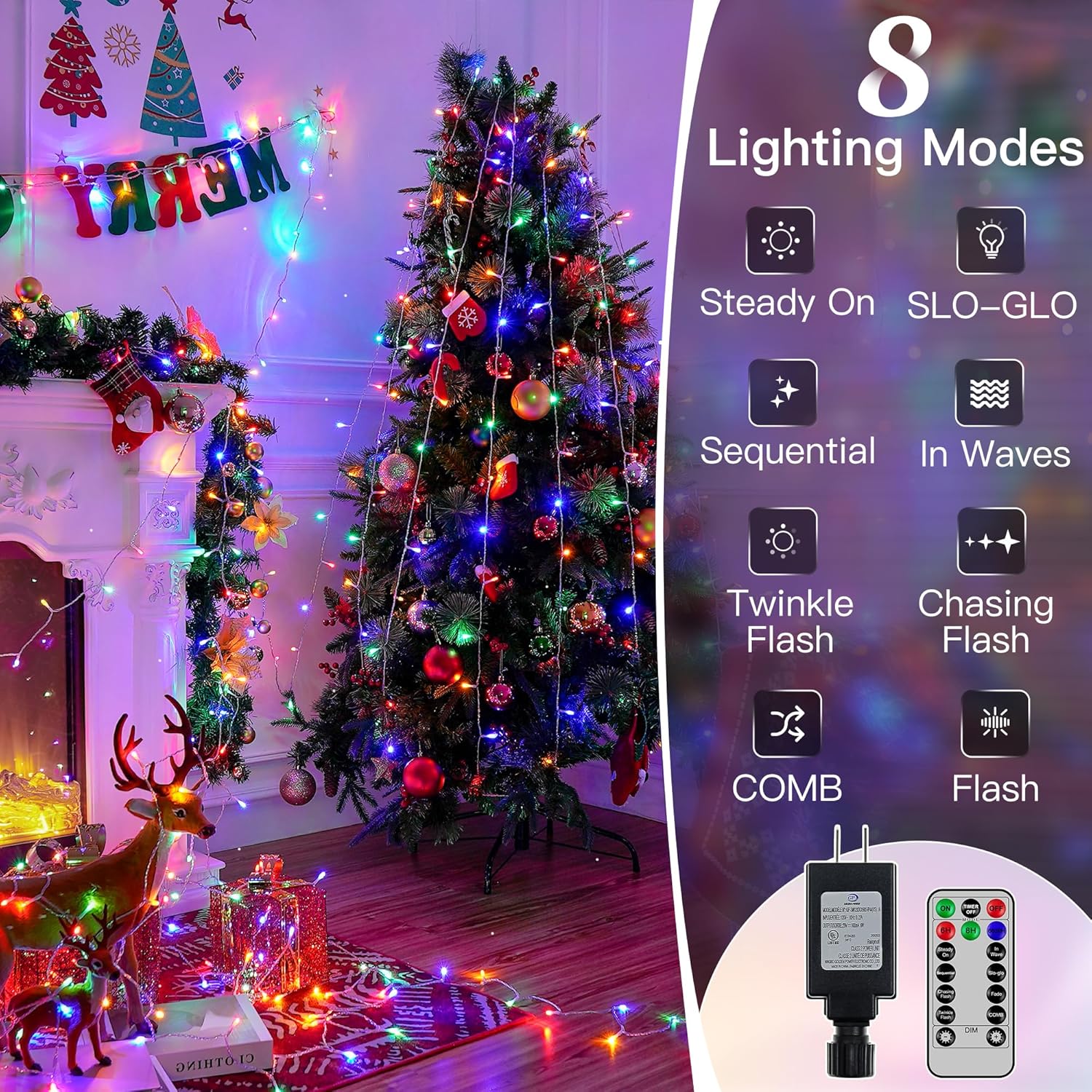 Luces de Navidad de 197 pies, 600 luces LED para exteriores, impermeables, 8 modos de iluminación, cadena de luces con control remoto y