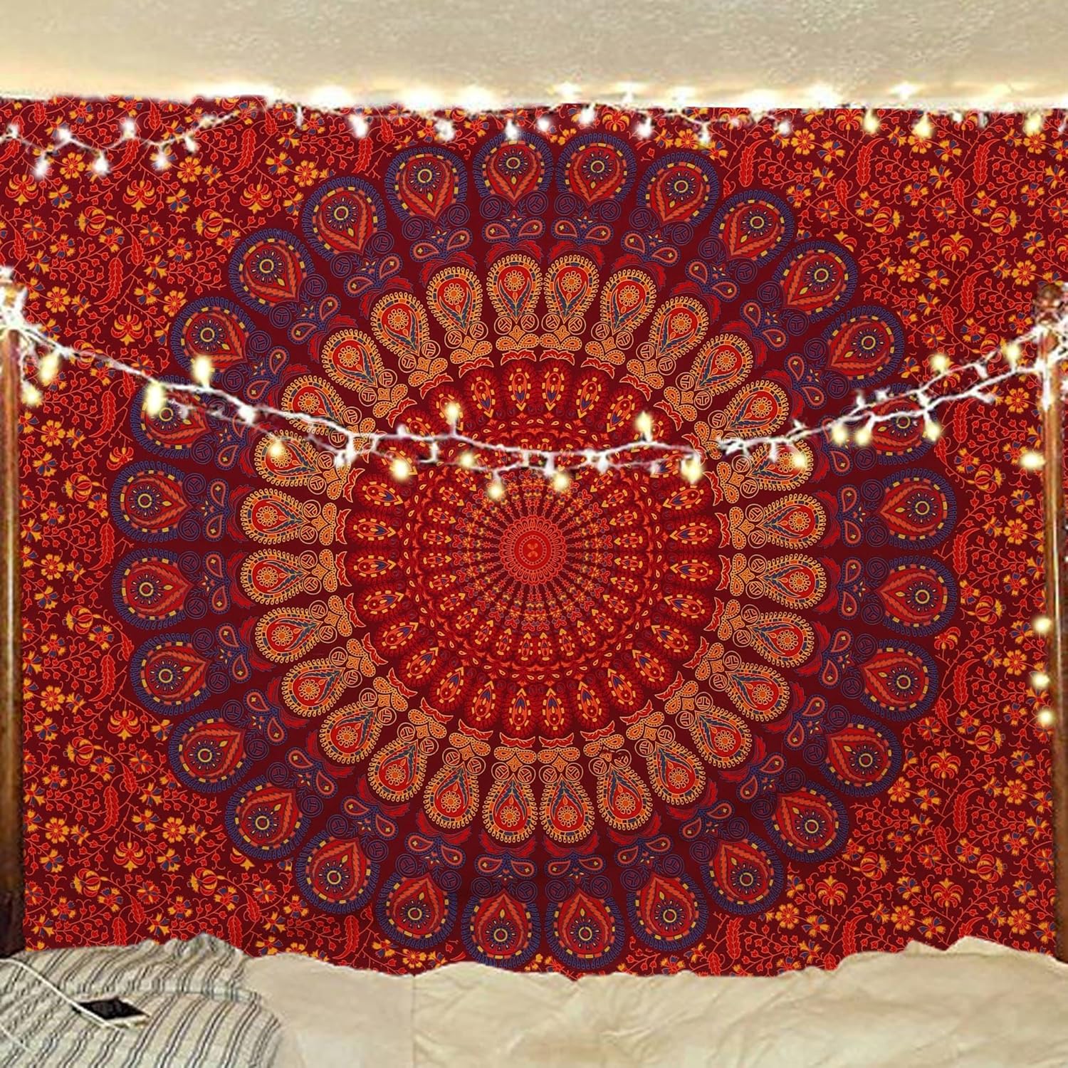 Tapiz hippie indio bohemio psicodélico dorado mandala de pavo real azul dorado para colgar en la pared (marrón dorado, granate, individual (54 x 72