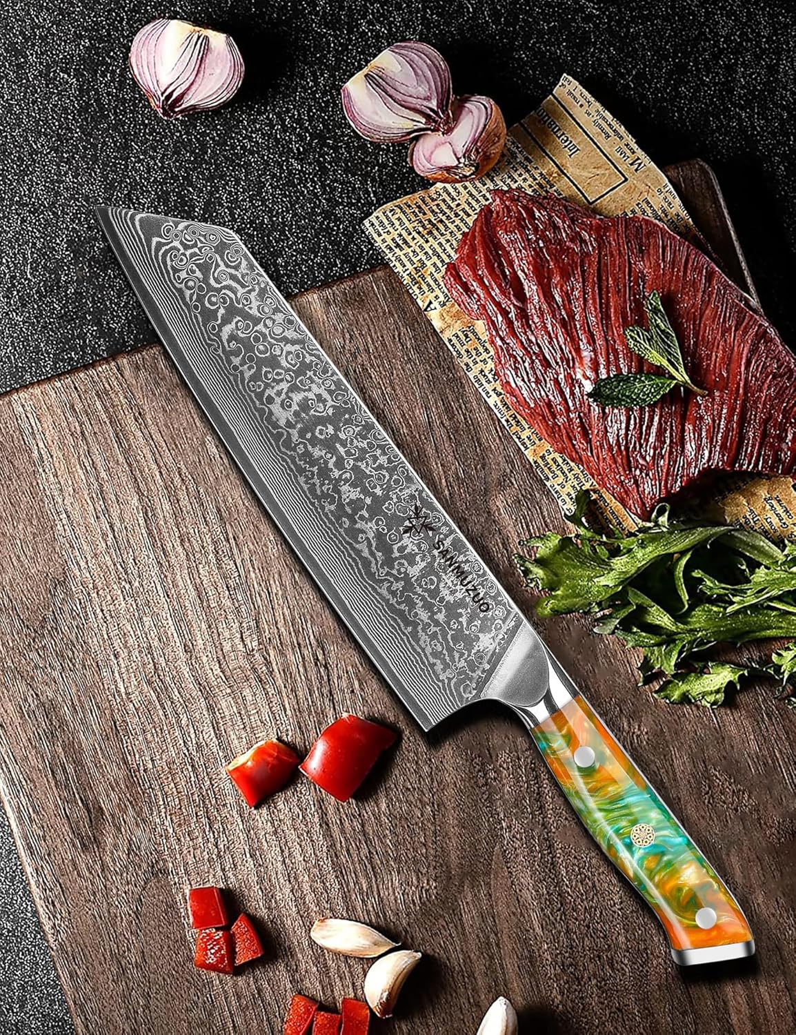 8.5 inch Kiritsuke Kitchen Chef Knife – 67 Layers Damascus Steel & Resin Handle – Xuan Series(Fantasy Orange)