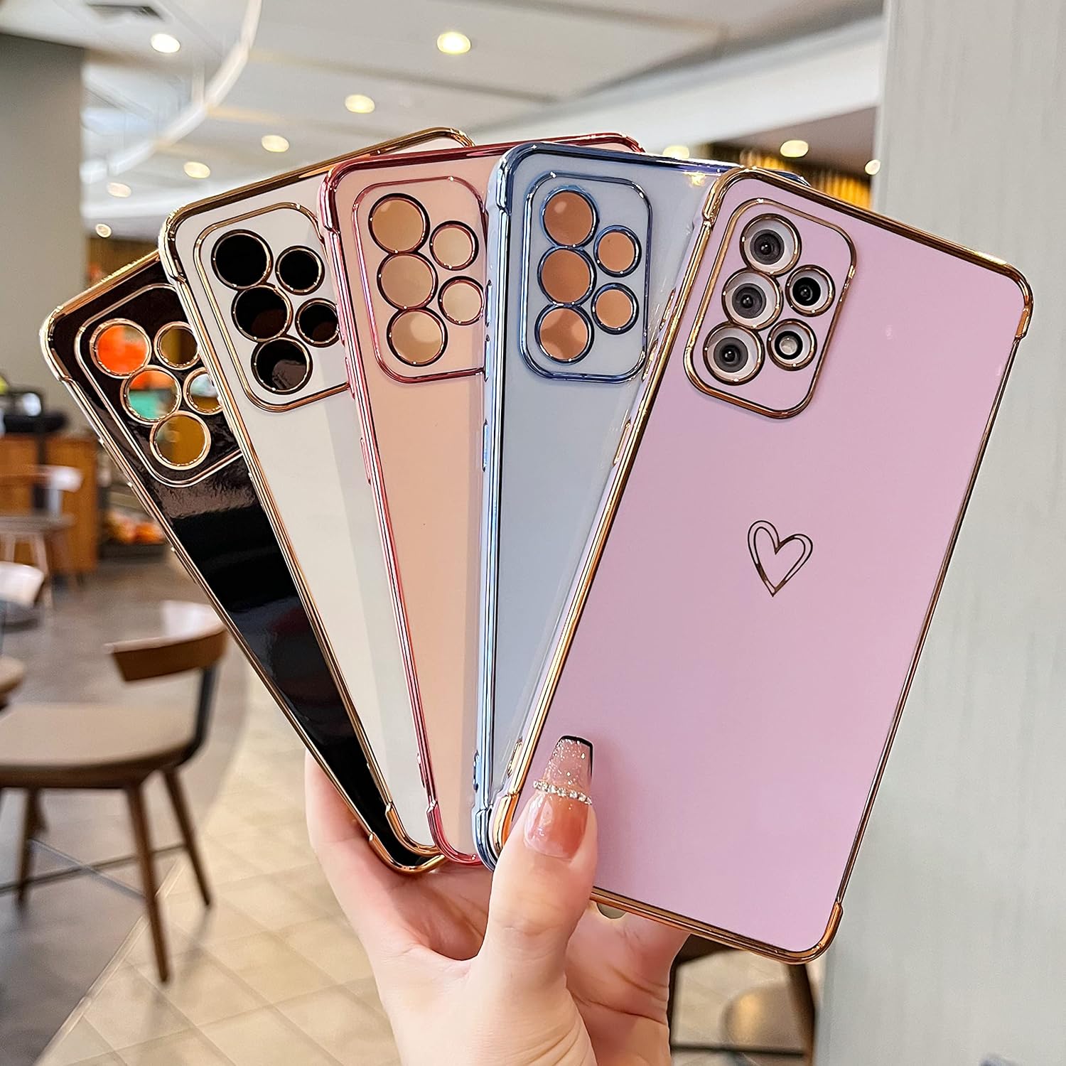 DEFBSC Funda compatible con Samsung Galaxy A52A52S con corazón dorado, borde chapado de lujo, bonita funda con protección completa de la cámara para