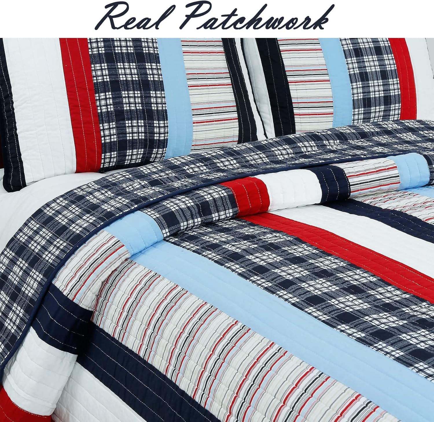 Cozy Line Home Fashions Juego de ropa de cama reversible de 100 % algodón con diseño de rayas rojas y azul marino (Ronnie Varsity, Queen, 3 piezas 1