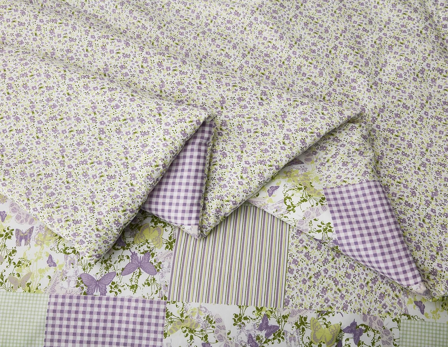 Chezmoi Collection Daisy – Juego de edredón de retazos estampado de 3 piezas, diseño a rayas de caramelo botánico de mariposa morada, a cuadros,