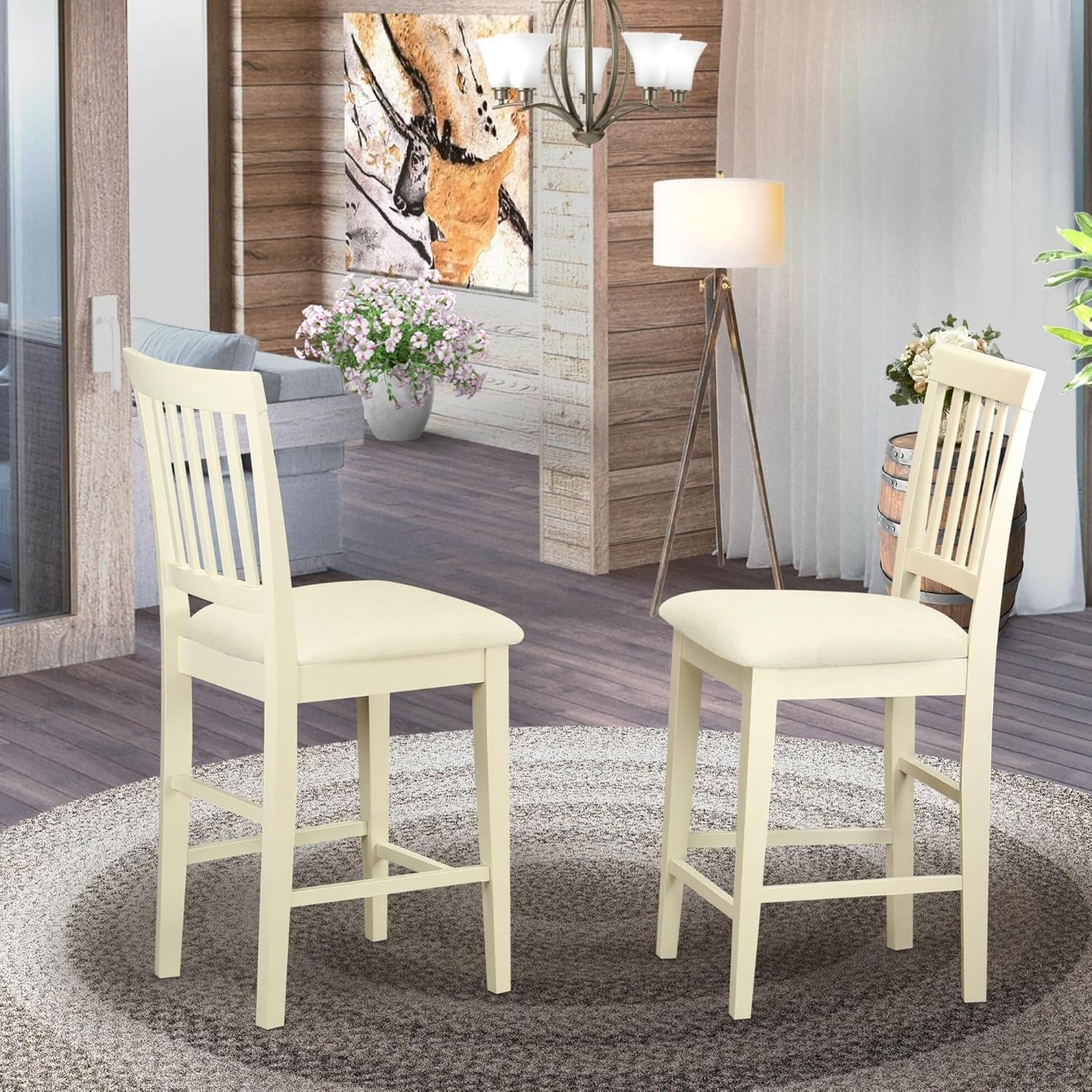 East West Furniture Vernon – Taburete de tela de lino con altura de pub de madera, juego de 2, VNS-WHI-C