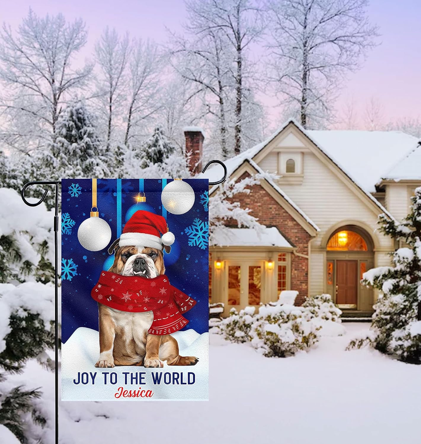 Bandera de jardín de perro de Navidad con nombre personalizado, regalos de bulldog inglés para decoración de Feliz Navidad, bandera de bienvenida