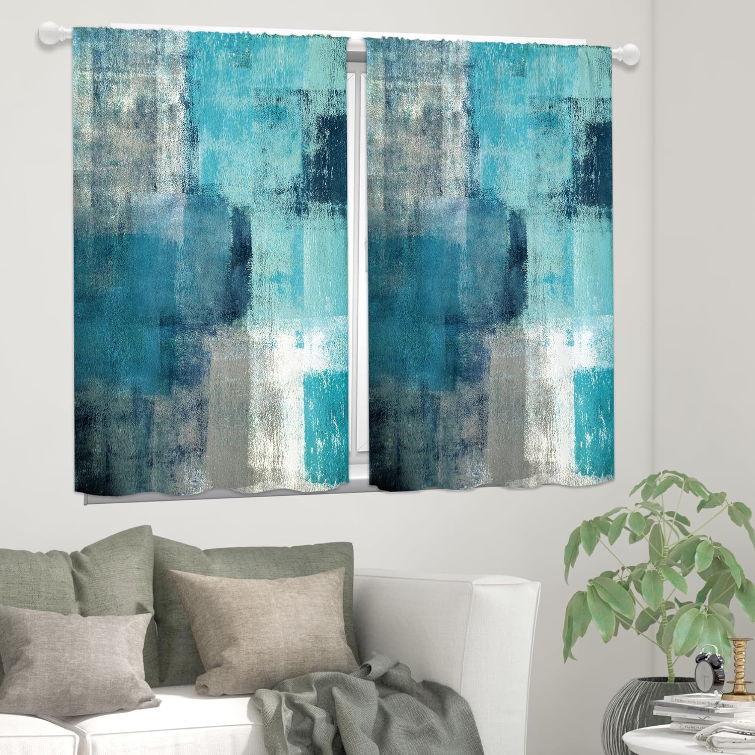Yorida Cortinas de cocina turquesa y verde azulado, cortinas de ventana pequeña de granja azul y gris, cortinas rústicas de campo, estilo bohemio,