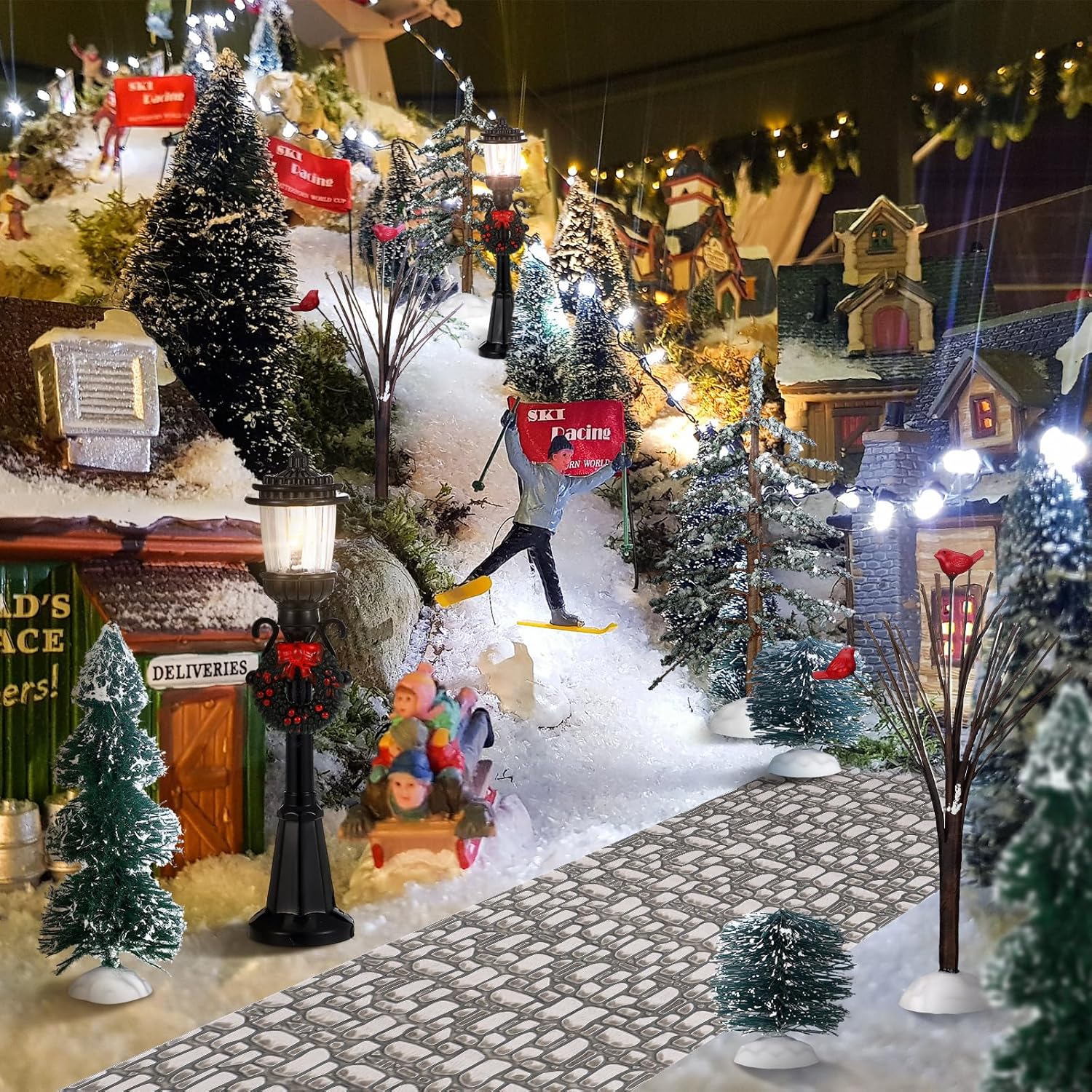 14 piezas de accesorios de Navidad, figura de pueblo, pinos en miniatura, nieve, árboles de Navidad artificiales, ramas desnudas, lámparas de calle,