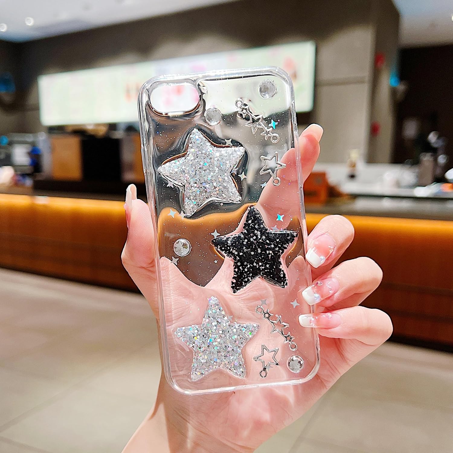HJWKJUS Funda compatible con iPhone 6, iPhone 6s para mujeres y niñas, bonita funda protectora de TPU suave con purpurina y estrellas 3D con perlas