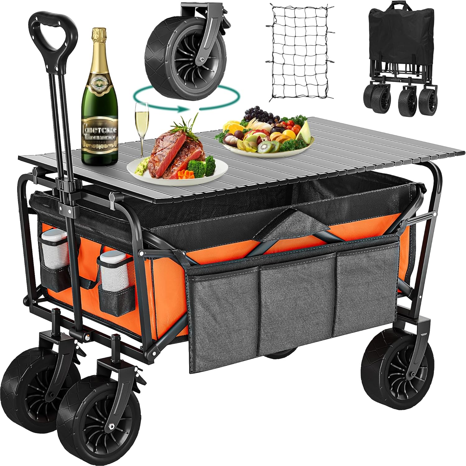 YITAHOME Carro de playa con ruedas universales grandes, carro plegable con mesa, 2 soportes para bebidas, gran capacidad de carga de 220 libras,