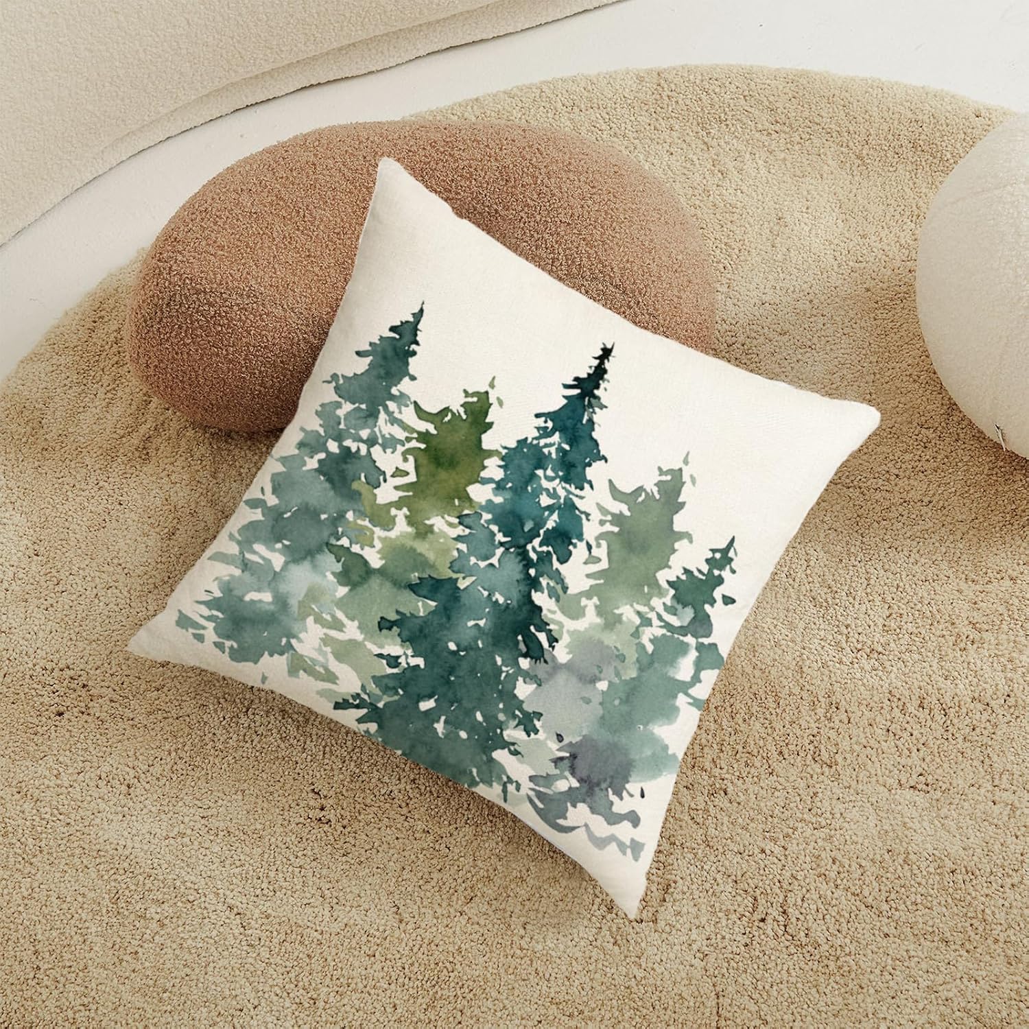 Juego de 2 fundas de almohada de árbol de Navidad verde oscuro de 18 x 18 pulgadas, diseño de acuarela de bosque natural, para exteriores, invierno,