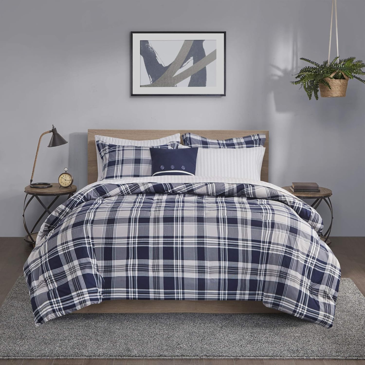 Madison Park Essentials Cozy Bed in A Bag – Edredón reversible con juego de sábanas completo, diseño casual de cabaña a cuadros, funda para todas
