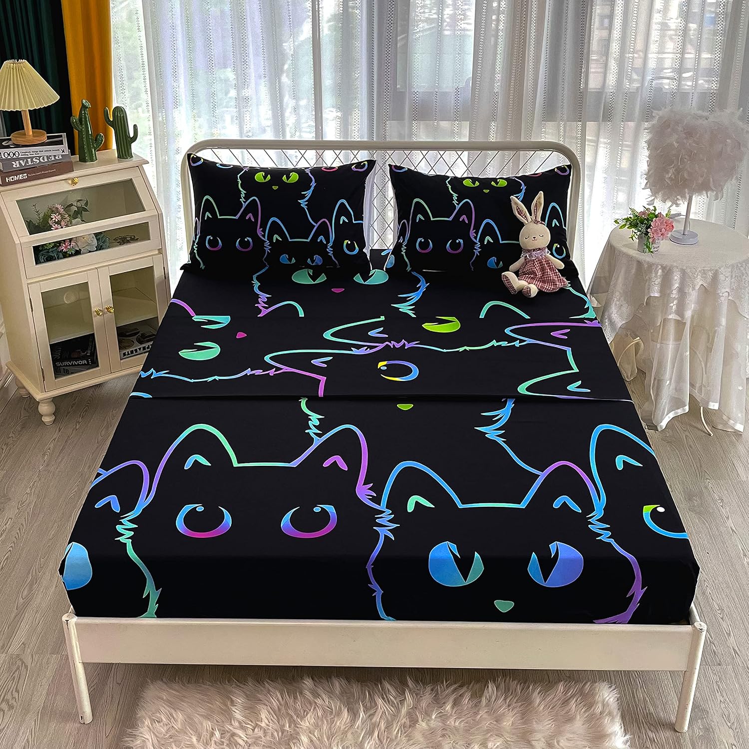 BailiPromise Lindo juego de sábanas de dibujos animados de gatos, tamaño individual, sábanas Kawaii con diseño de animales de trazos simples con