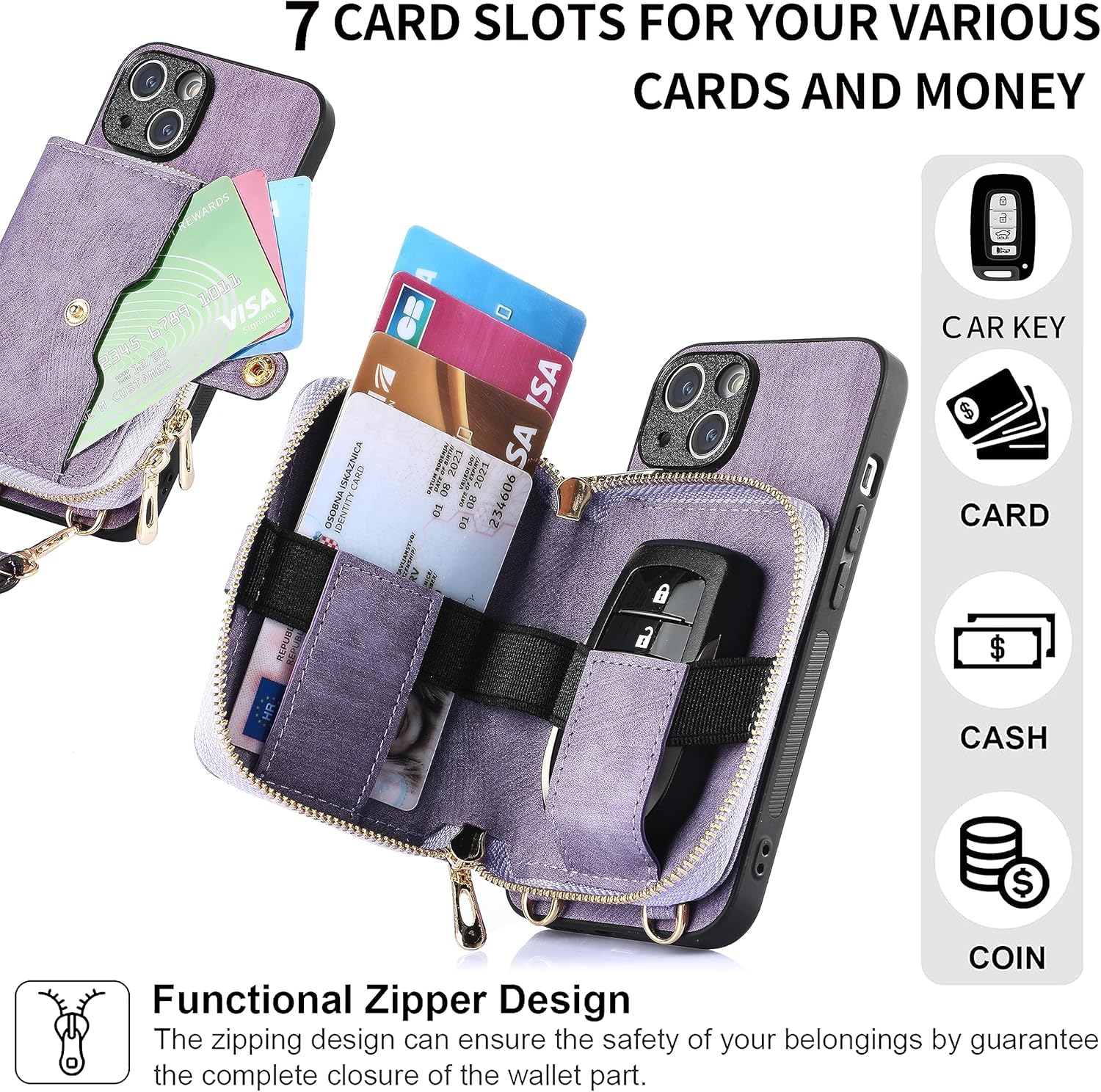 Asuwish Funda de teléfono para iPhone 13 de 6.1 pulgadas con cremallera y ranura para tarjeta de crédito, correa cruzada para el hombro, cordón