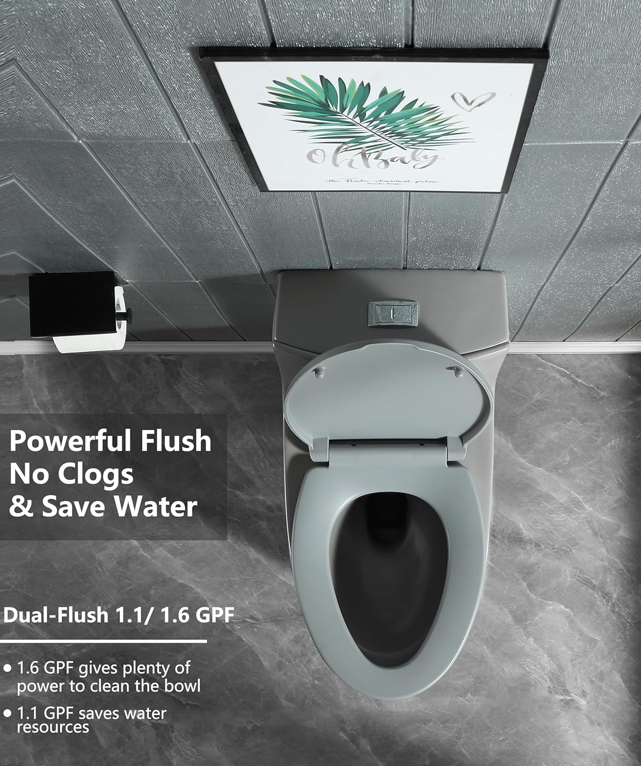 Inodoro de una pieza de doble descarga alargado estándar moderno inodoro 1.11.6 GPF asiento de cierre suave ahorra agua potente y silencioso – gris,