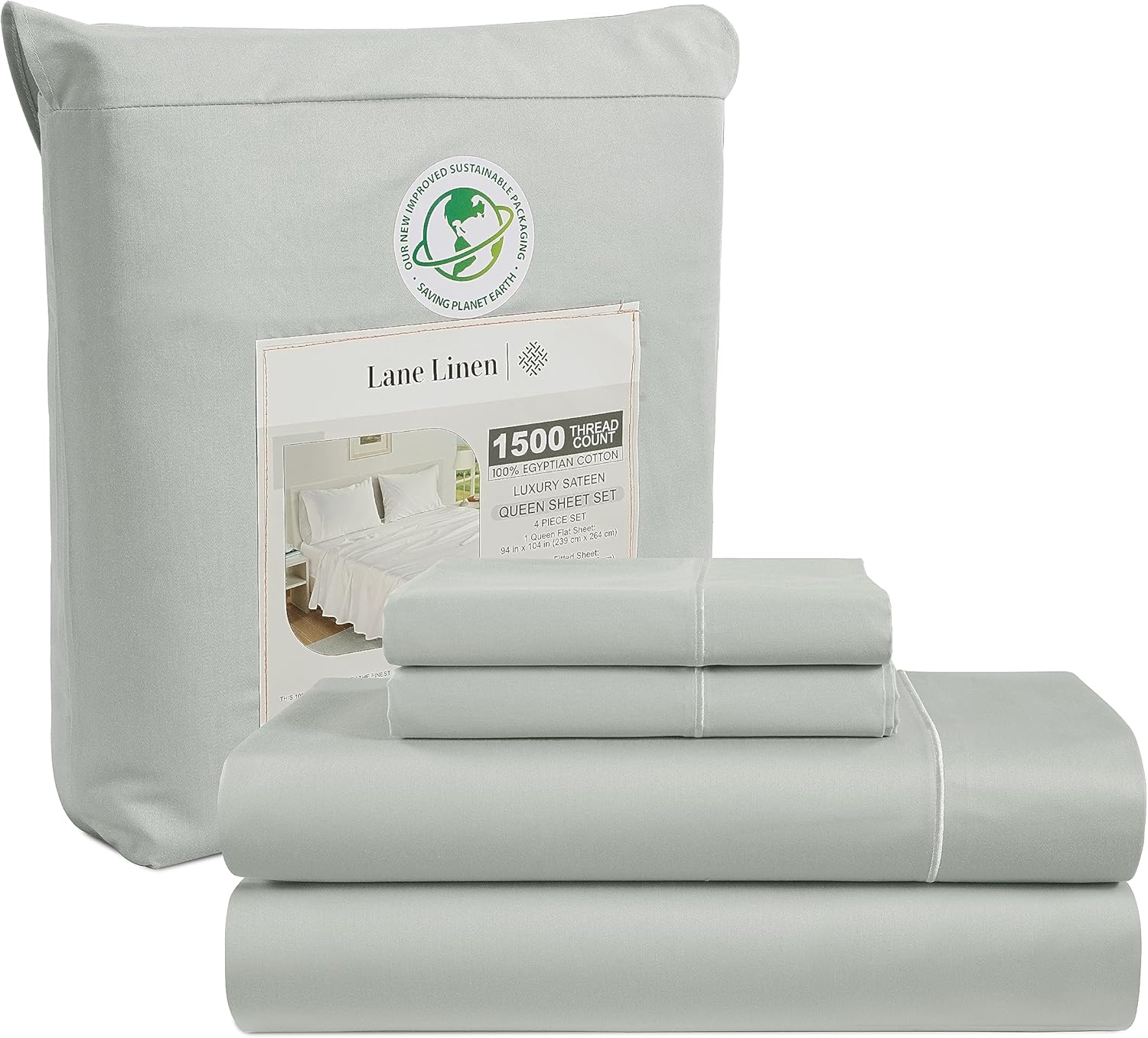 LANE LINEN Juego de sábanas de 100% algodón egipcio, 1500 hilos, 4 piezas, sábanas de algodón tamaño Queen, sábanas de lujo con tejido satinado,