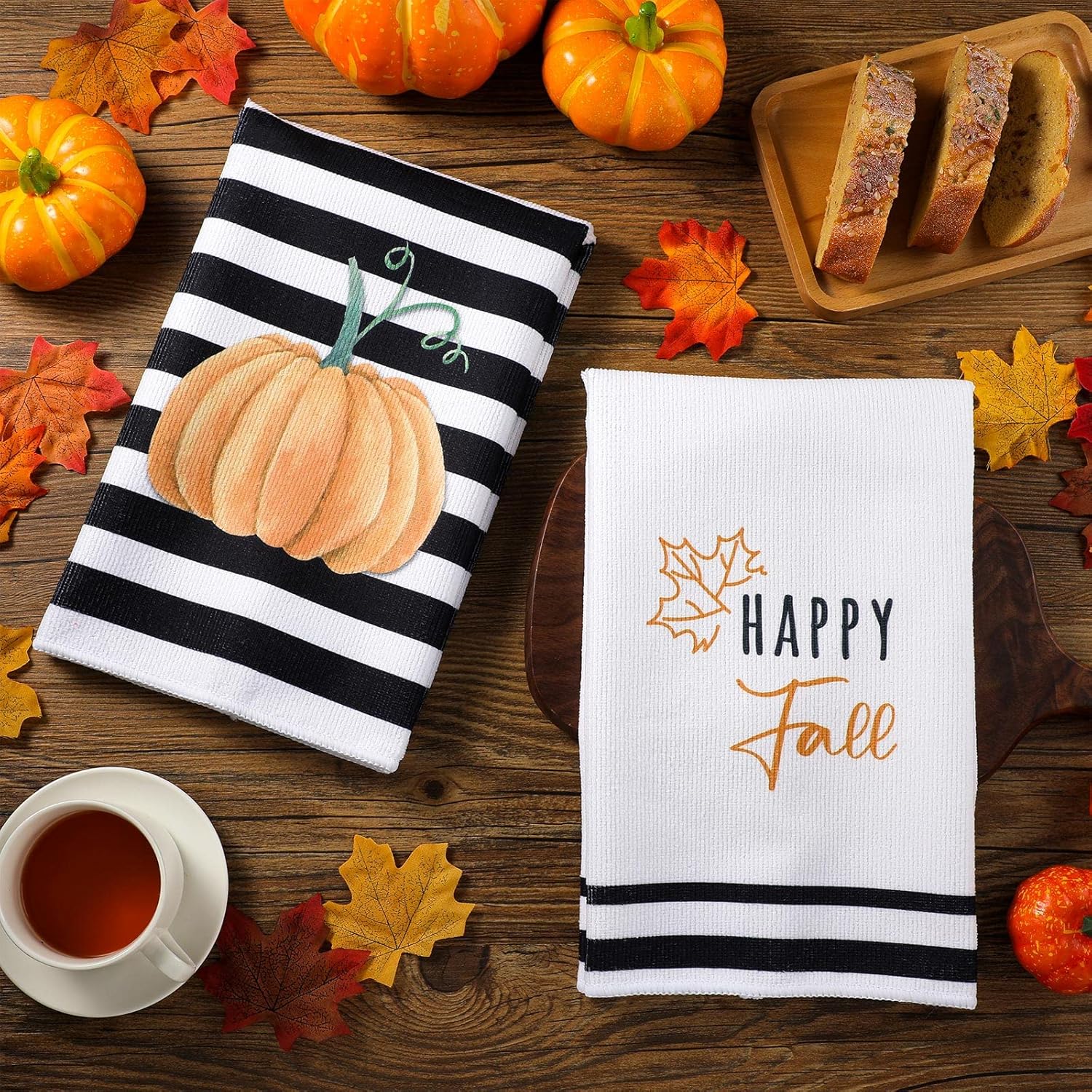 Buryeah 4 toallas absorbentes de mano de otoño, paños de cocina de calabaza, hojas de otoño, camión, paños de té, toallas de otoño a rayas para