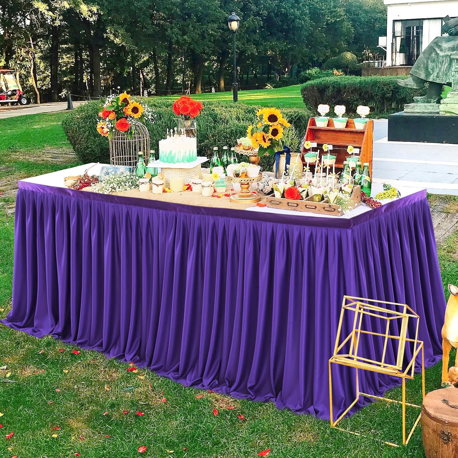 Partisky Falda de mesa de poliéster morado para mesas rectangulares de 17 pies, mantel plisado resistente a las arrugas para banquetes, bodas,