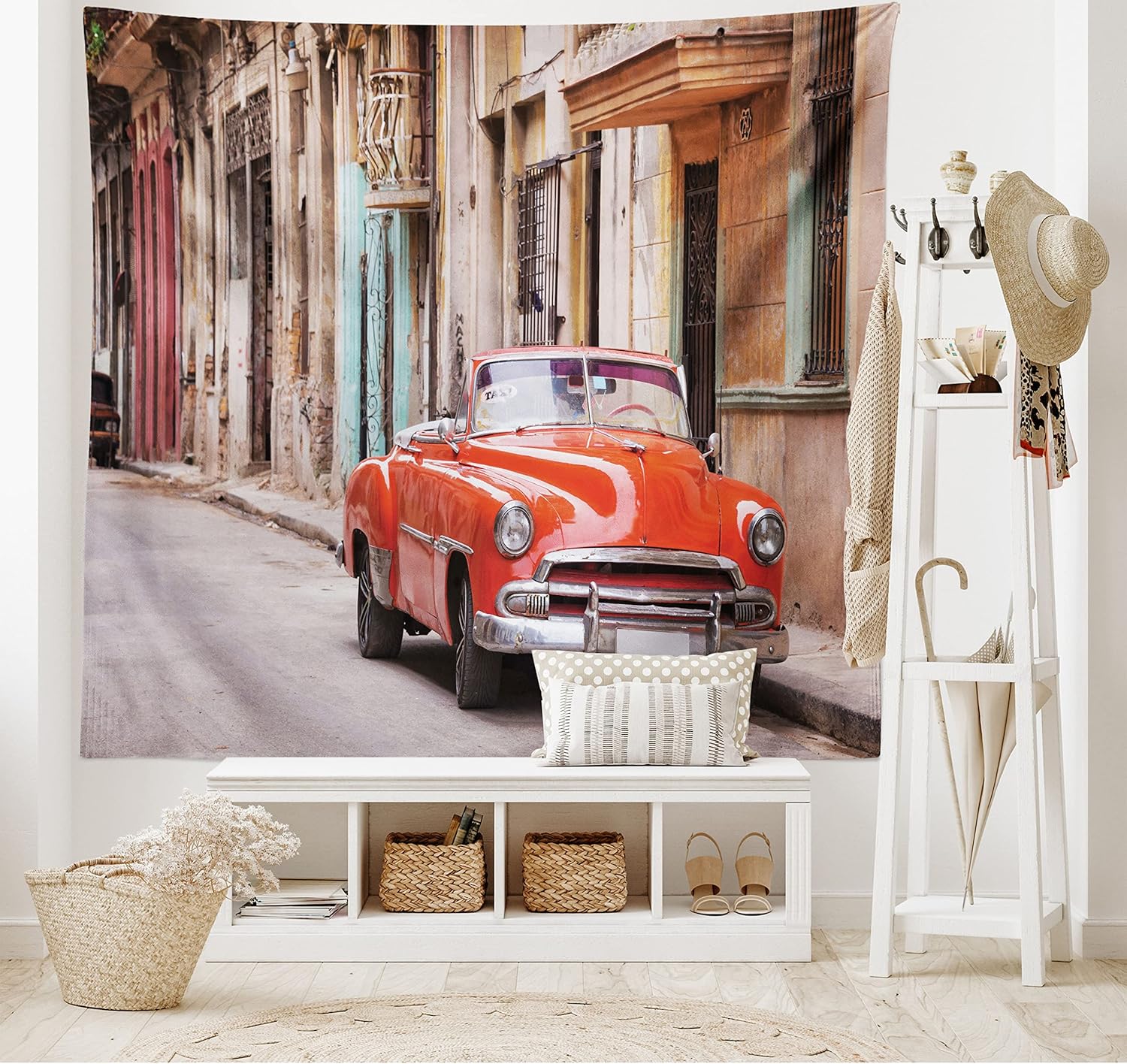 Ambesonne Tapiz de autos, auto americano clásico en una calle con casas Caribbean Havana Cuba, para colgar en la pared para dormitorio, sala de