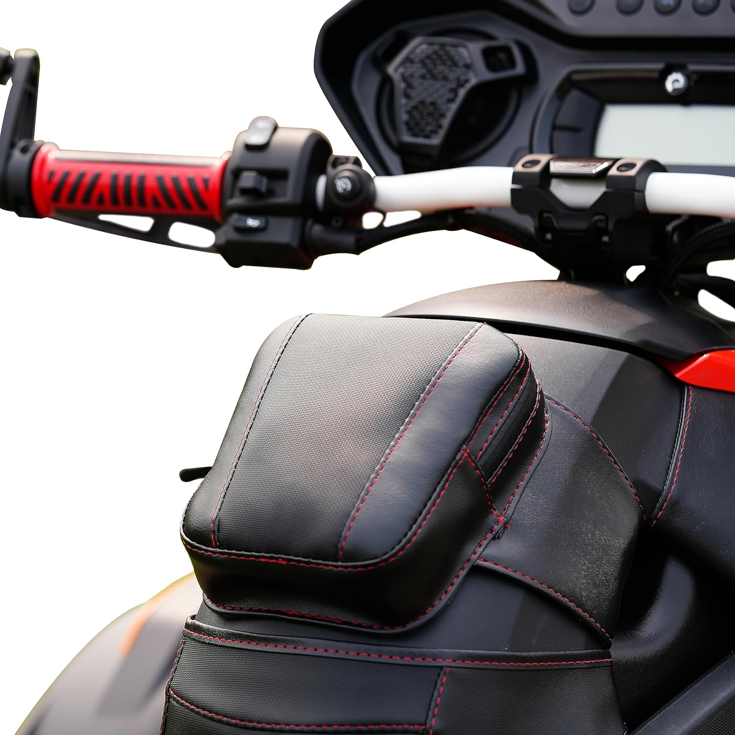 Mostrar bolsa de tanque balístico cromado para 2019+ Can-Am Ryker almacenamiento impermeable cremallera roja puntada H40-402CRED