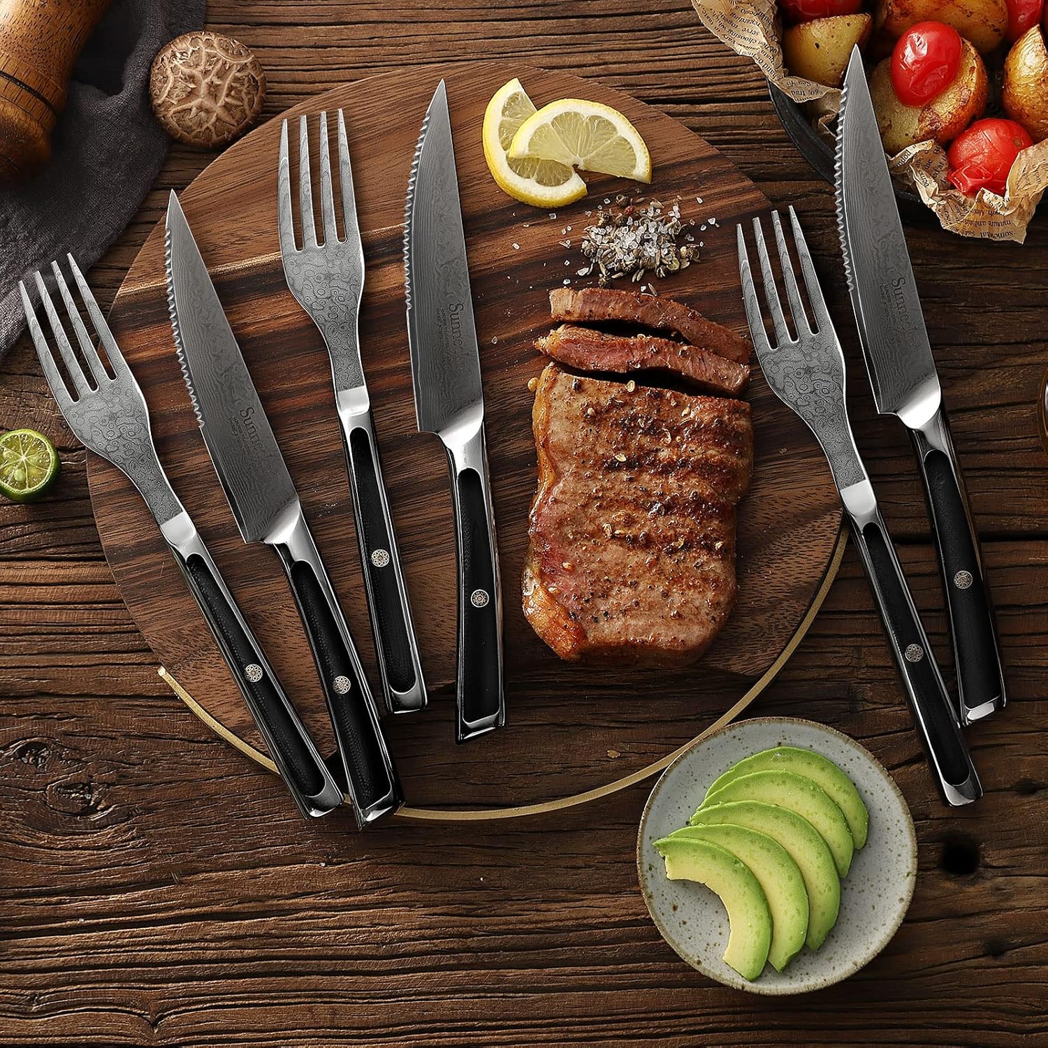 Sunnecko Damasco – Juego de 8 cuchillos para carne de acero inoxidable VG10 con dentadura y dentados, aptos para lavavajillas, juego de cuchillos y