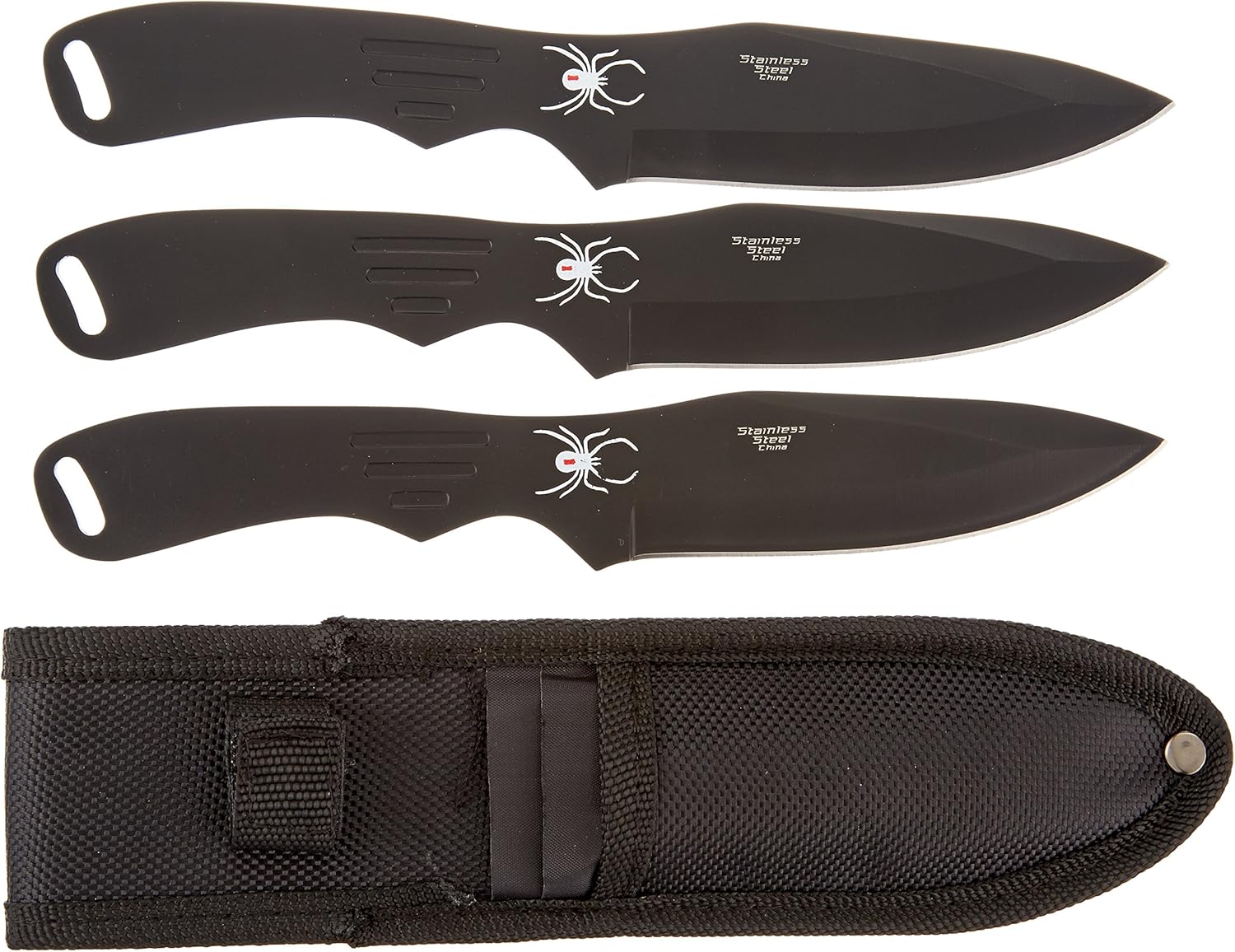 BladesUSA Perfect Point – Cuchillos para lanzar  Juego de 3  Cuchillas y asas de acero inoxidable negro con diseño de araña, funda de nailon,