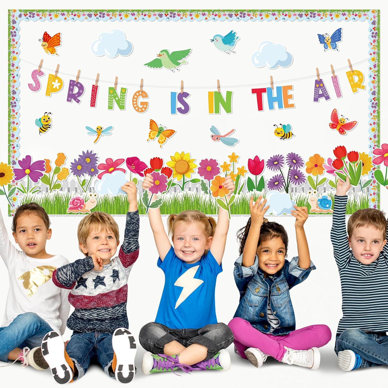 AsodSway 119P Spring is in The Air – Recortes para tablón de anuncios, decoración de aula, flores de primavera, césped, cerca, nube, pájaros,