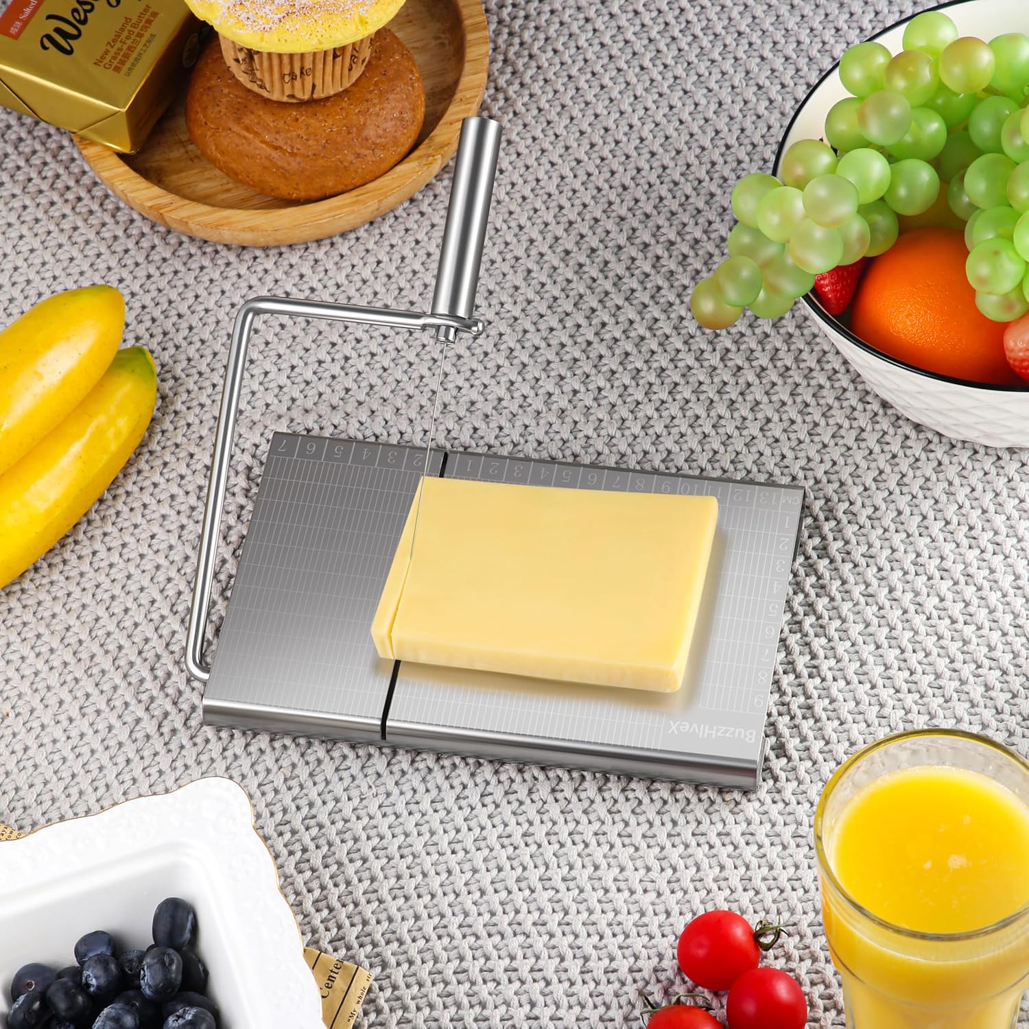 Cortador de queso con tabla para queso de bloque – Tabla de cortar queso ajustable resistente con 10 cables de repuesto – Escala precisa de acero
