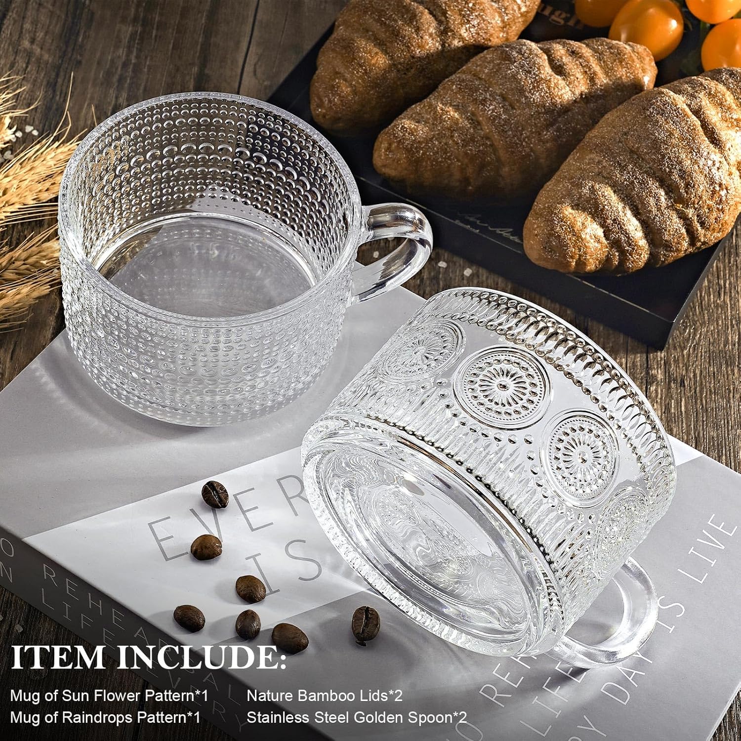 2 tazas de café vintage, recipientes de avena de 15 onzas con tapas de bambú y cucharas, tazas de café de vidrio transparente en relieve, regalos