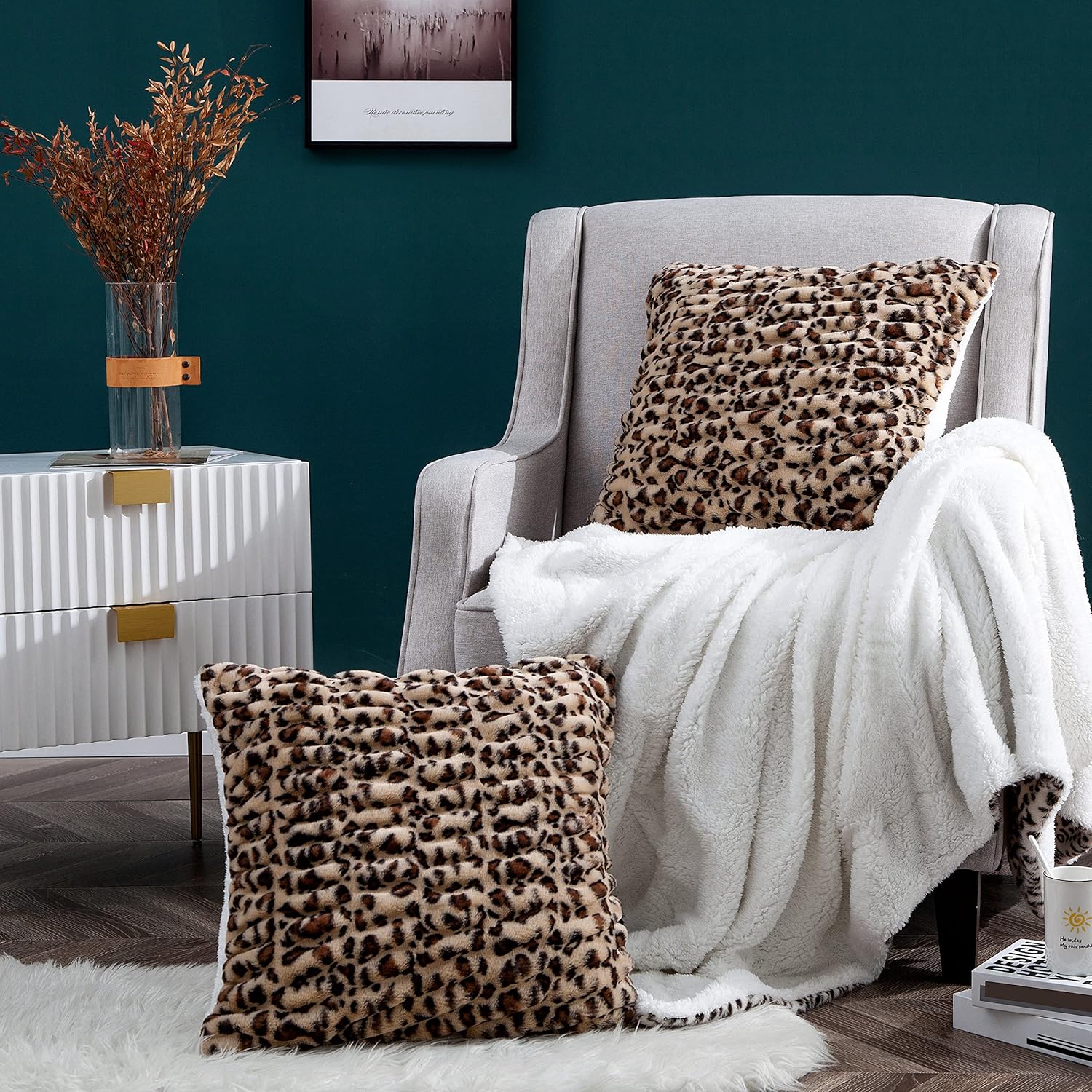 Juego de 2 fundas de almohada de piel sintética de 20 x 20 pulgadas, de felpa de leopardo marrón, peludas, suaves, acogedoras, gruesas, cálidas,