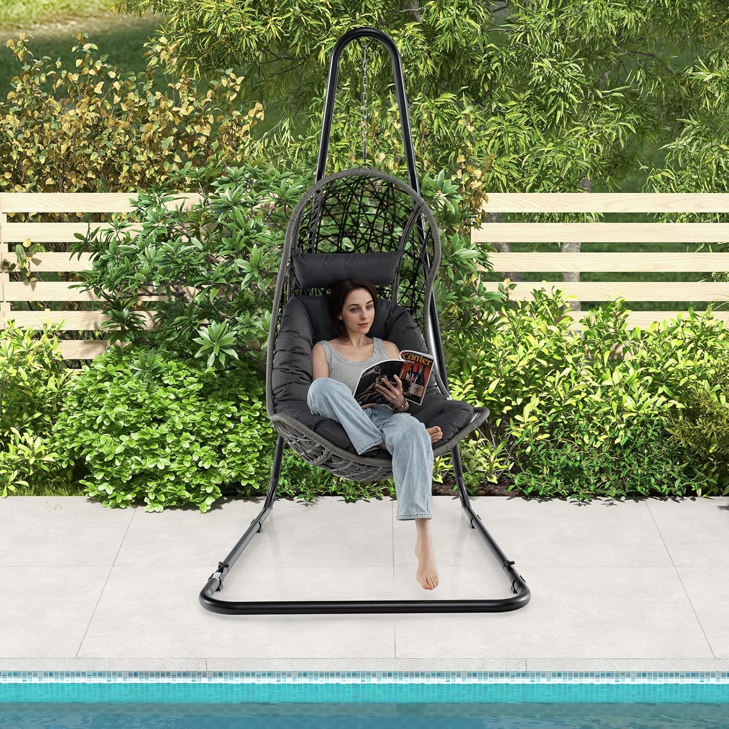 Giantex Soporte de hamaca para exterior, soporte de columpio de metal resistente con gancho de seguridad y cadena resistente, soporte de silla