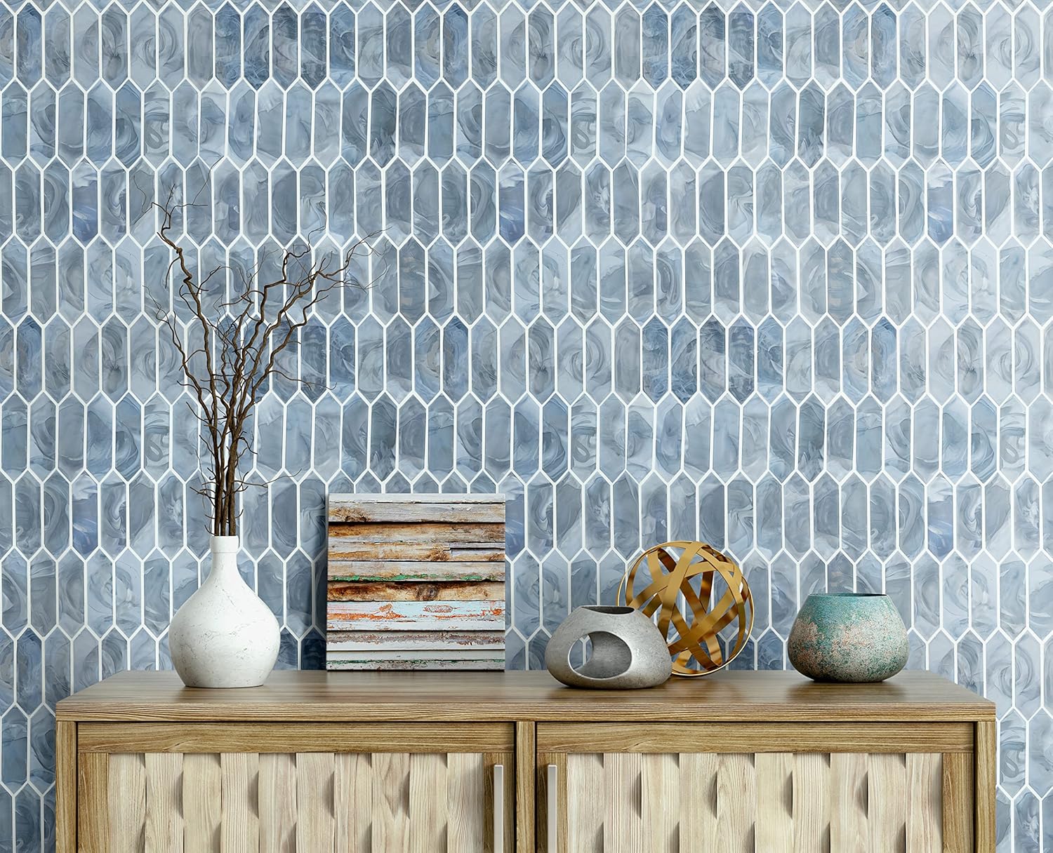 MSI Azulejo de vidrio de piquete azul brillante para pared de baño, Azulejo de salpicaduras de cocina, Azulejo de pared de acento, Azulejo de pared